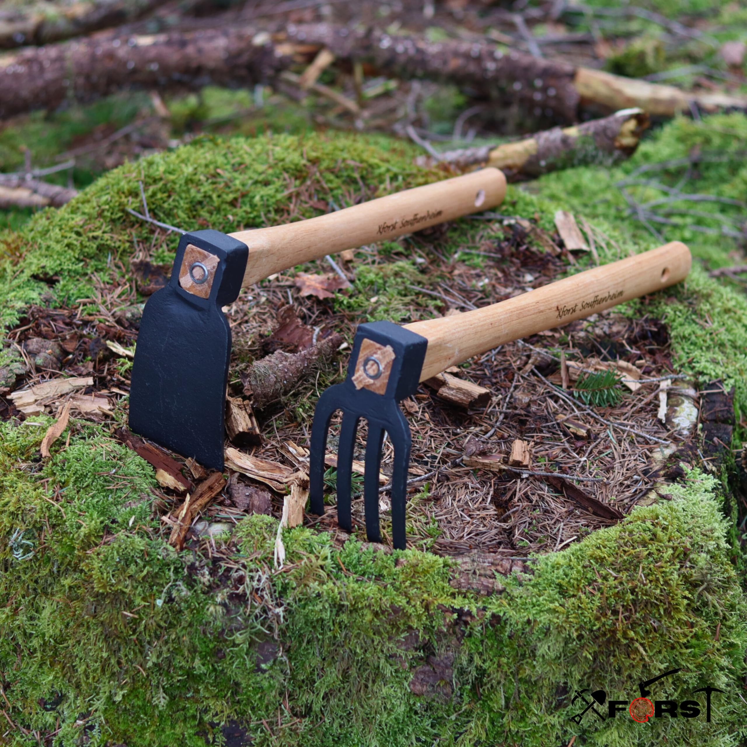 Xforst Ensemble d'outils de jardin à deux houes de jardin avec houe droite + houe à 4 dents avec manche en bois d'hickory et tête en acier forgé.