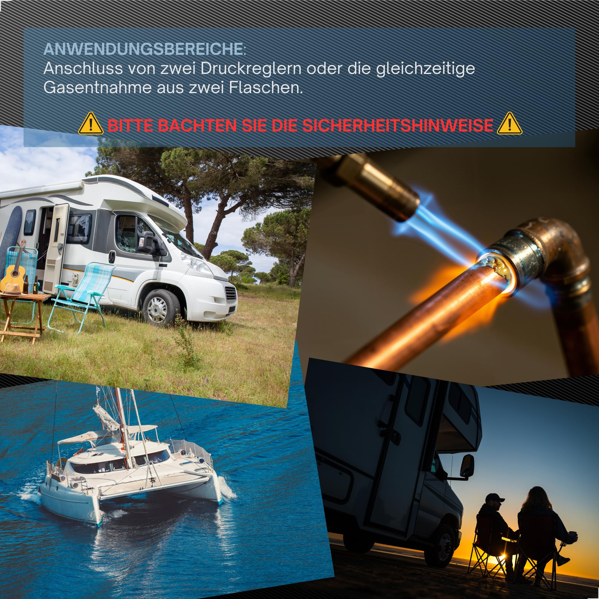 LPG T-Stück Adapter für alle Regler G.5 auf G.12 – Anschluss für 2 Gasflaschen oder Druckregler – Messing Verteiler für Großflasche W21.8 x 1/14 LH