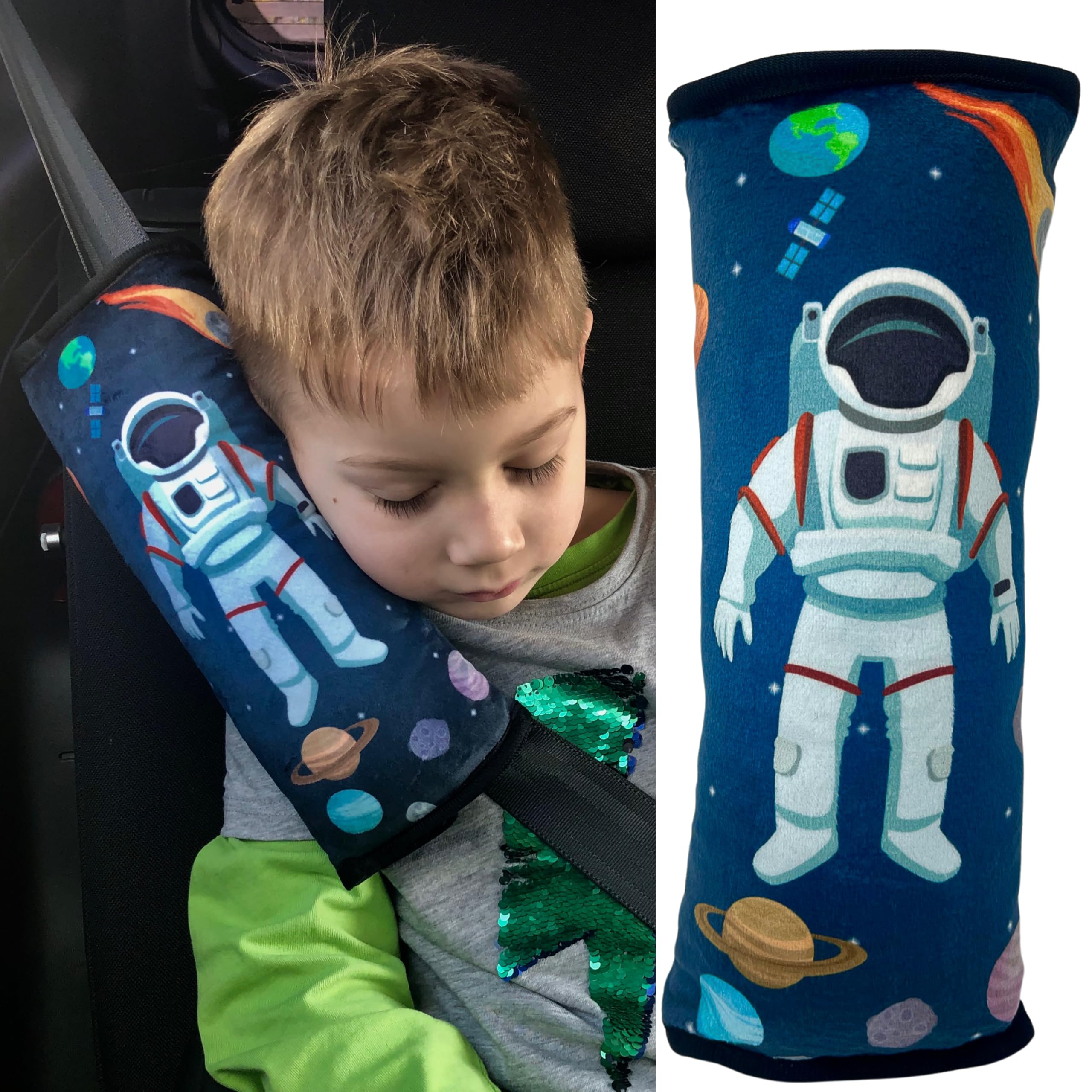 HECKBO Auto Schlafkissen für Kinder Mädchen Jungen - Astronaut Weltall - maschinenwaschbar - Auto Gurtkissen, Gurtschoner, Gurtschutz Sitzerhöhung, Auto Kissen, Reisekissen, Urlaub
