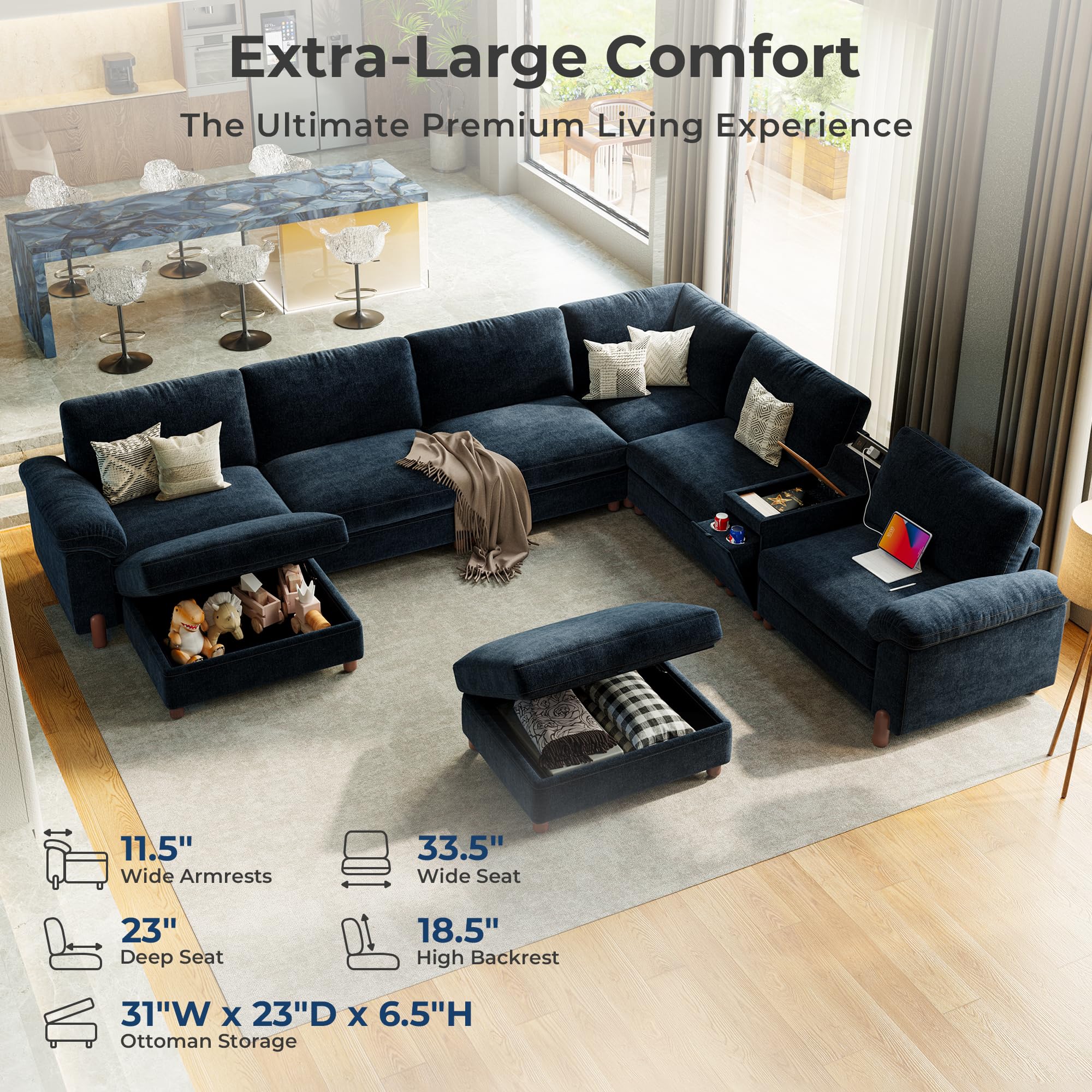 Best Thomasville Sectional Sofa Alternatives for 2026 2 SITJOY Cloud Couch Sectional, 6 Seater with Console, Chenille in Navy Blue — product photo