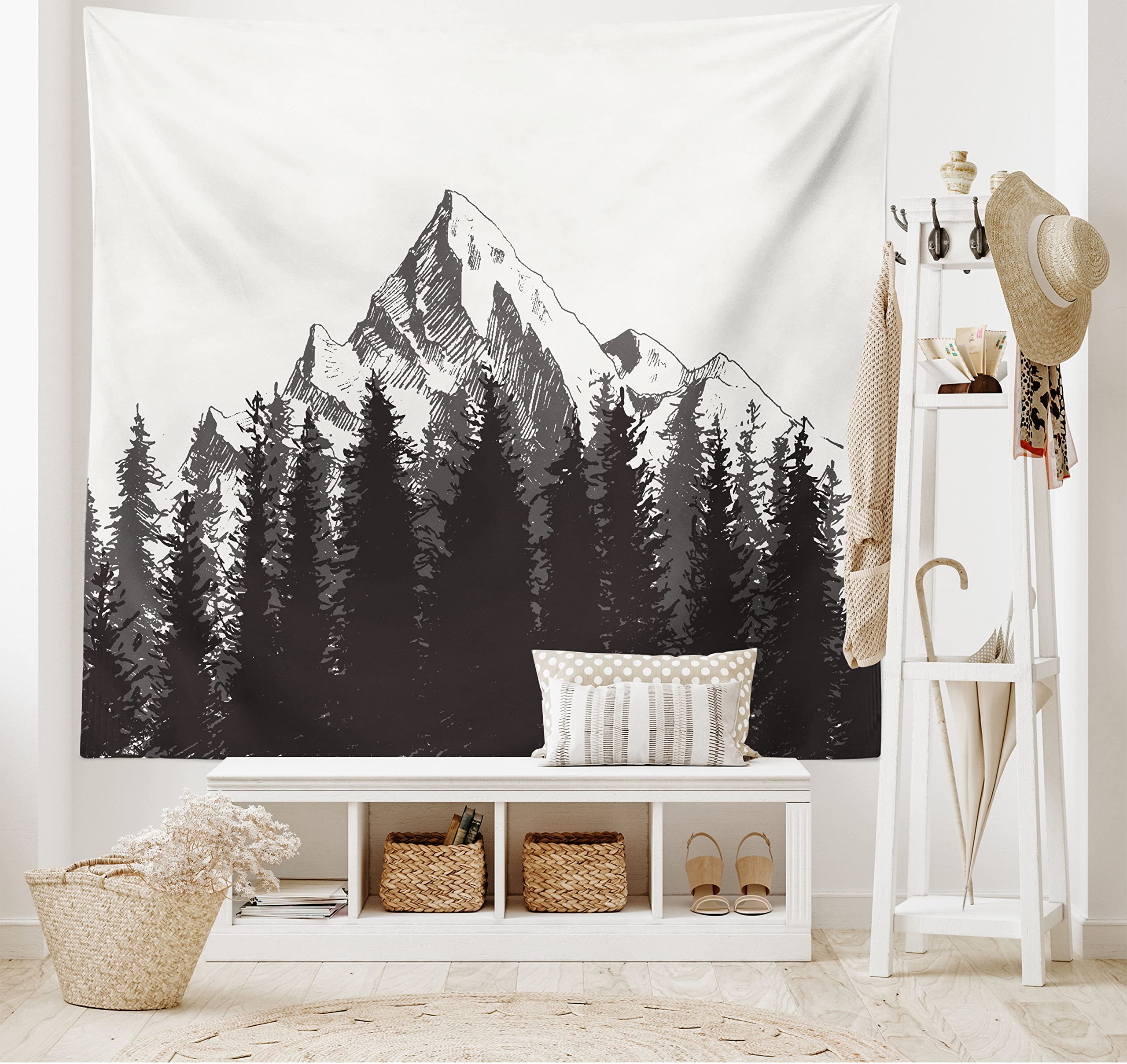 Ambesonne Prehistoric Tapestry, Mountain Fir Forest and Arrow Folk Style Retro Print, Wide Wall Hanging for Bedroom Living Room Dorm, 80