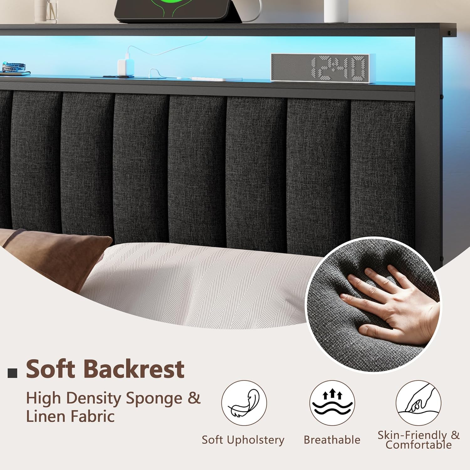 Furnulem Queen Size Bed Frame with Charging Station and LED Lights, Platform Bed with Metal Slats, Grey Upholstered Headboard with 2-Tier Storage Shelves, No Box Spring Needed