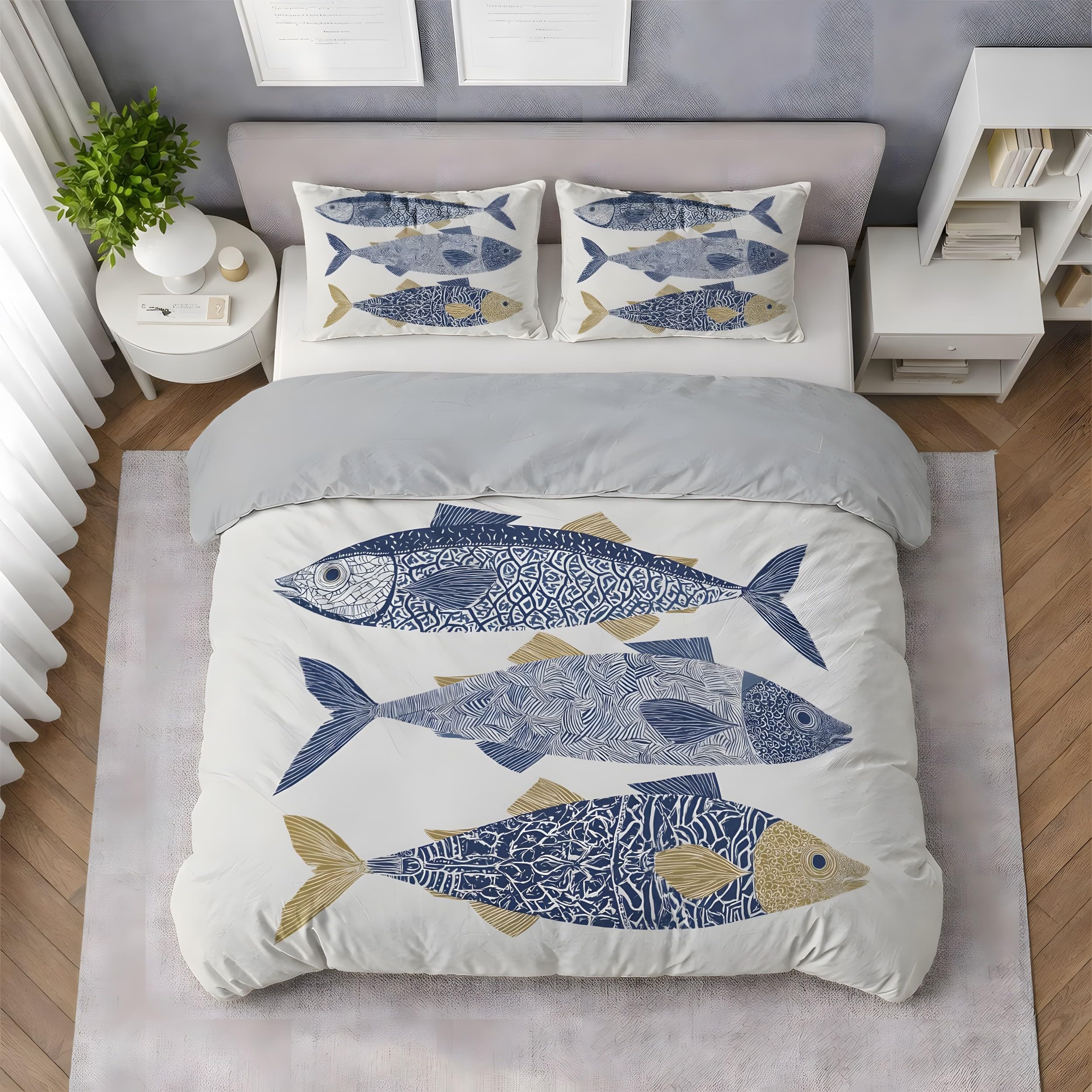 YZQGLHP Ocean Fish Emperor Duvet Cover Blue and Yellow Printed Microfiber King Size Duvet Cover Set with 2 Pillowcases 50x75 cm, Soft & Cozy, Easy Care with Hidden Zipper