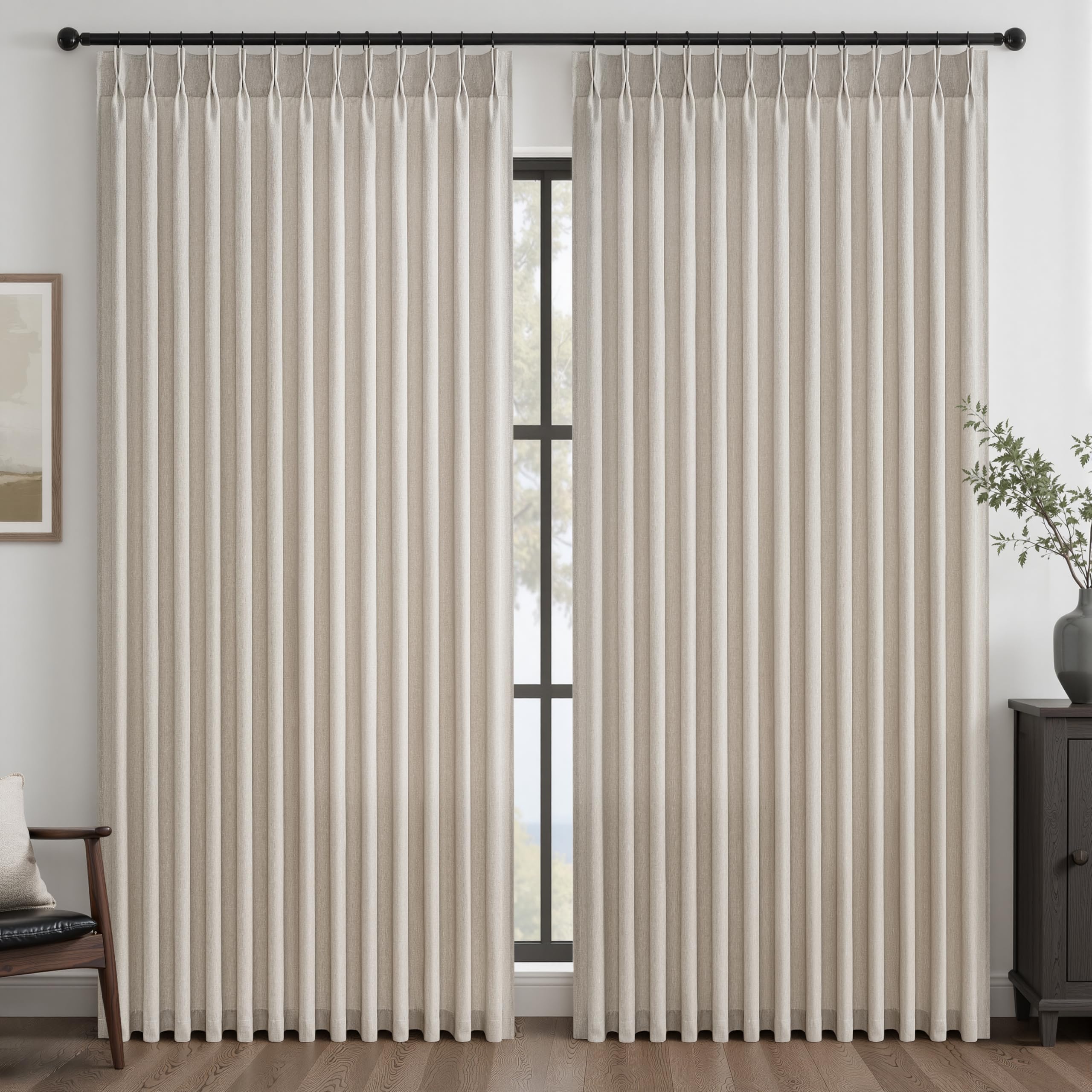 Drapenova - 84 Inches Long Oatmeal Linen Pleated Curtains, 2 Panels for Bedroom, Living Room, Textured, Semi Sheer, Bohemian, with Back Tabs and Pleated, with Hooks
