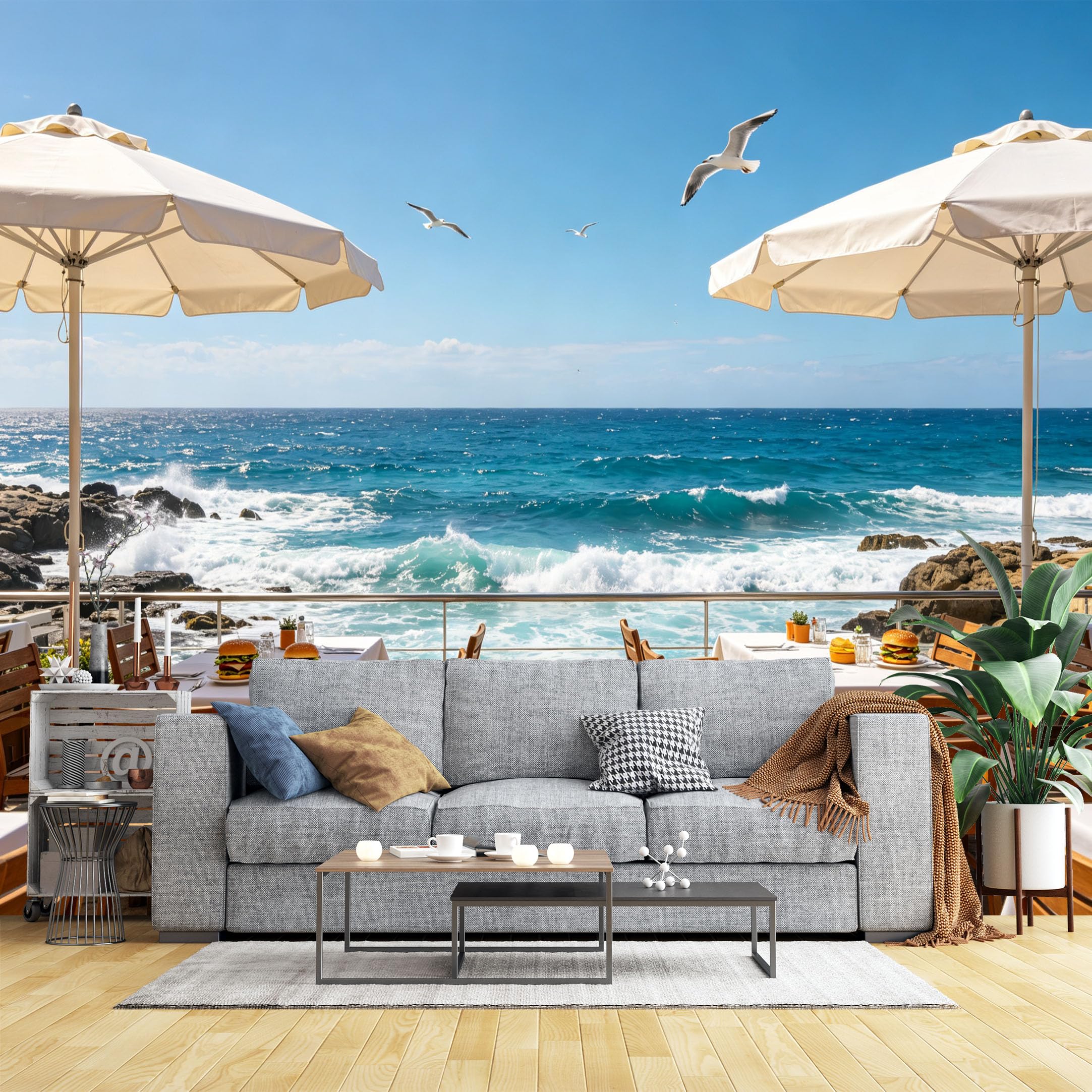 Lcythiazole Ch260604176 Custom Size Wall Murals Mediterranean White Blue Seaside Beach Cafe Wall Murals Coastal Scenery Wallpaper Realistic Self-Adhesive Removable Wallpaper For Living Room