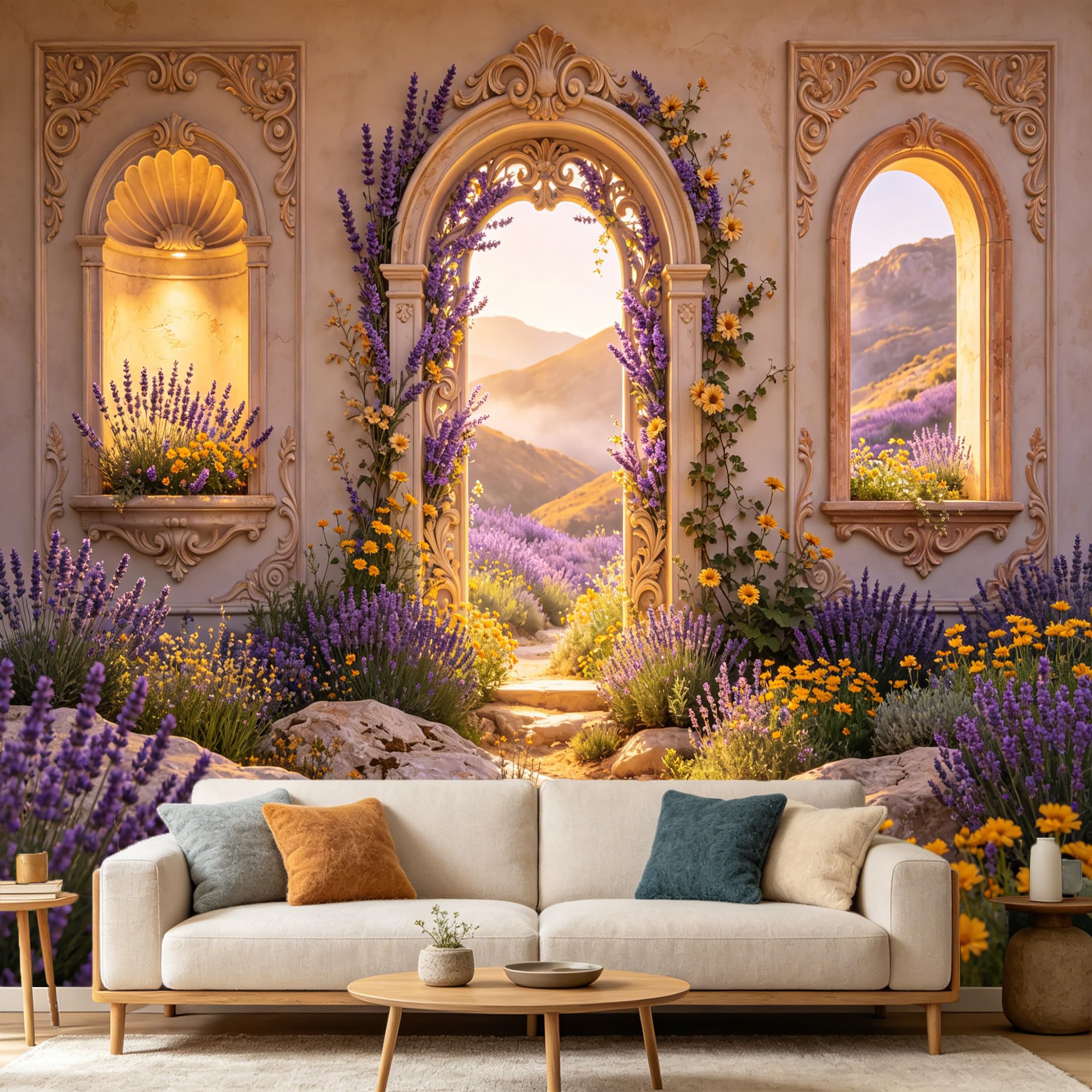 Custom Size Wall Mural， Mediterranean Floral Archway Landscape， 3D Trompe L'Oeil Scenic View， SelfAdhesive Art Prints wall Fabric Removable Large Wallpaper Home Living Room Decor