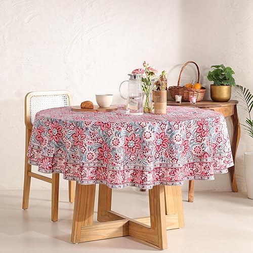 Miniatura 49 de Hand Block Printed Cotton Tablecloth – Elegant Floral Design Perfect for Dining Table Kitchen Parties Home Decor, Wall Tapestry (Peach Floral, 6