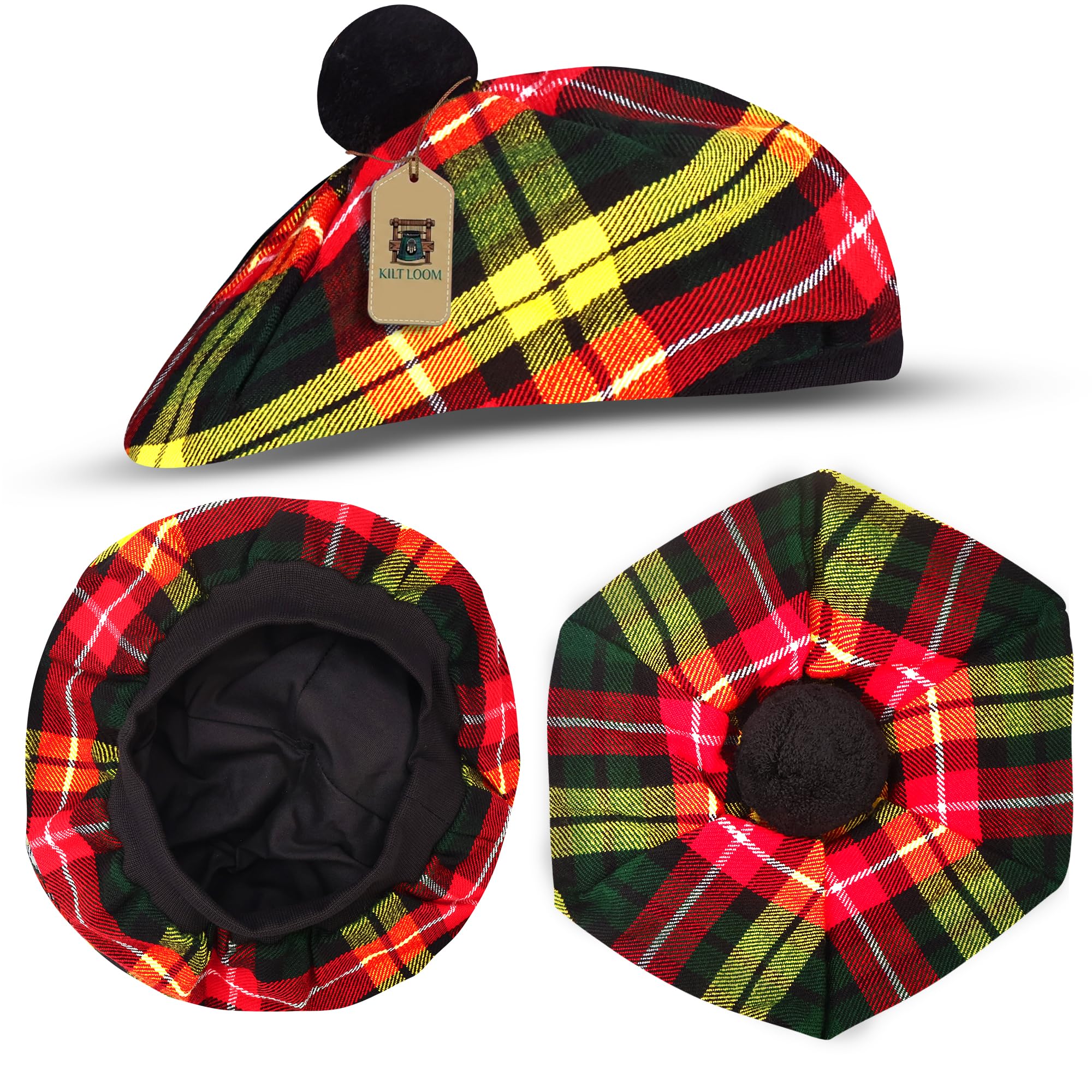 Tam O Shanter Scottish Hat, Tartan Bonnet with Pom Pom, Traditional Highland Beret, Kilt Dress Hat (UK, Alpha, One Size, Bachanan)