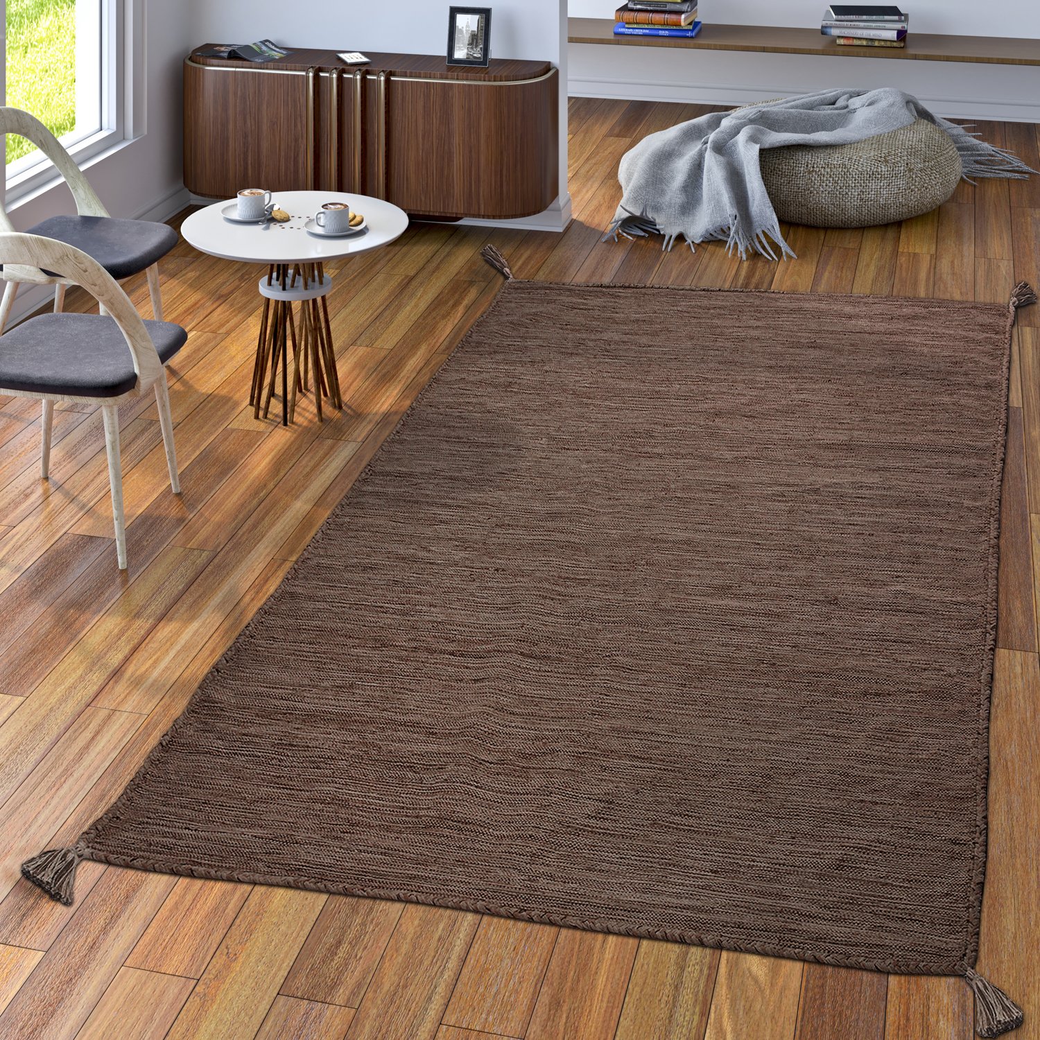 TT Home Tappeto di design Kelim intessuto a mano in cotone al 100% nel moderno mélange marrone, Dimensione:200x290 cm