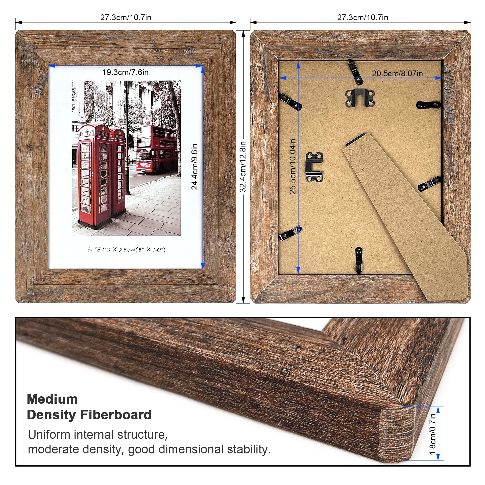 8x10 Picture Frames Set, Set of 4 Wooden Picture Frames Real Tempered Glass and Composite Wooden Rustic Rounded Corners Photo Display for Tabletop Wall Mount with Hanging Hardware and Stand (Brown)