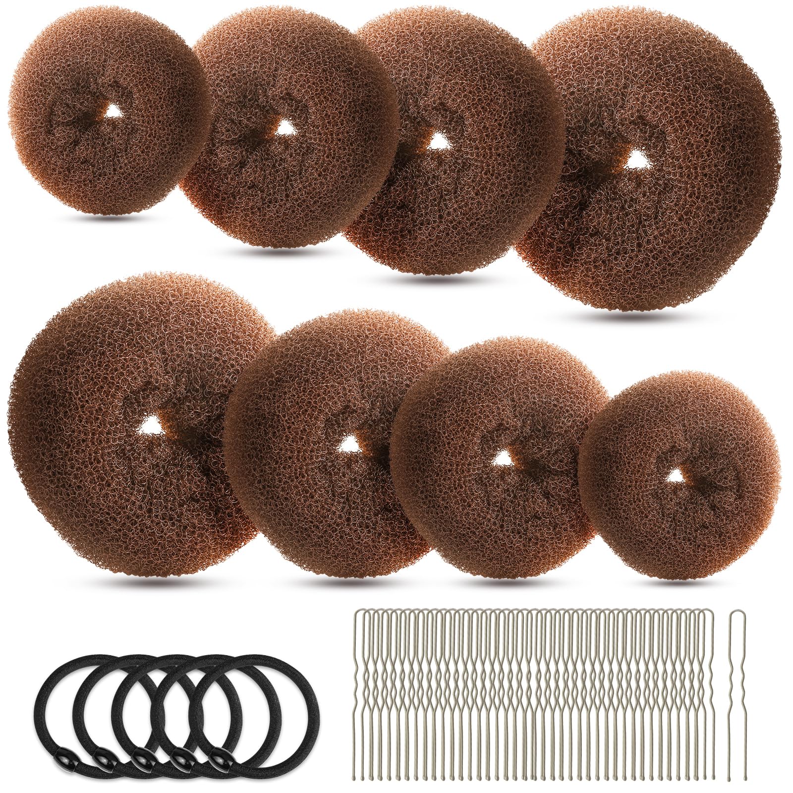 FANDAMEI Hair Bun Maker Set- 8 PCS Hair Donuts for Buns (2 Extra-large,2 Large,2 Medium and 2 Small), 40 PCS Bobby Pins, 5 PCS Hair Elastic Ties Black