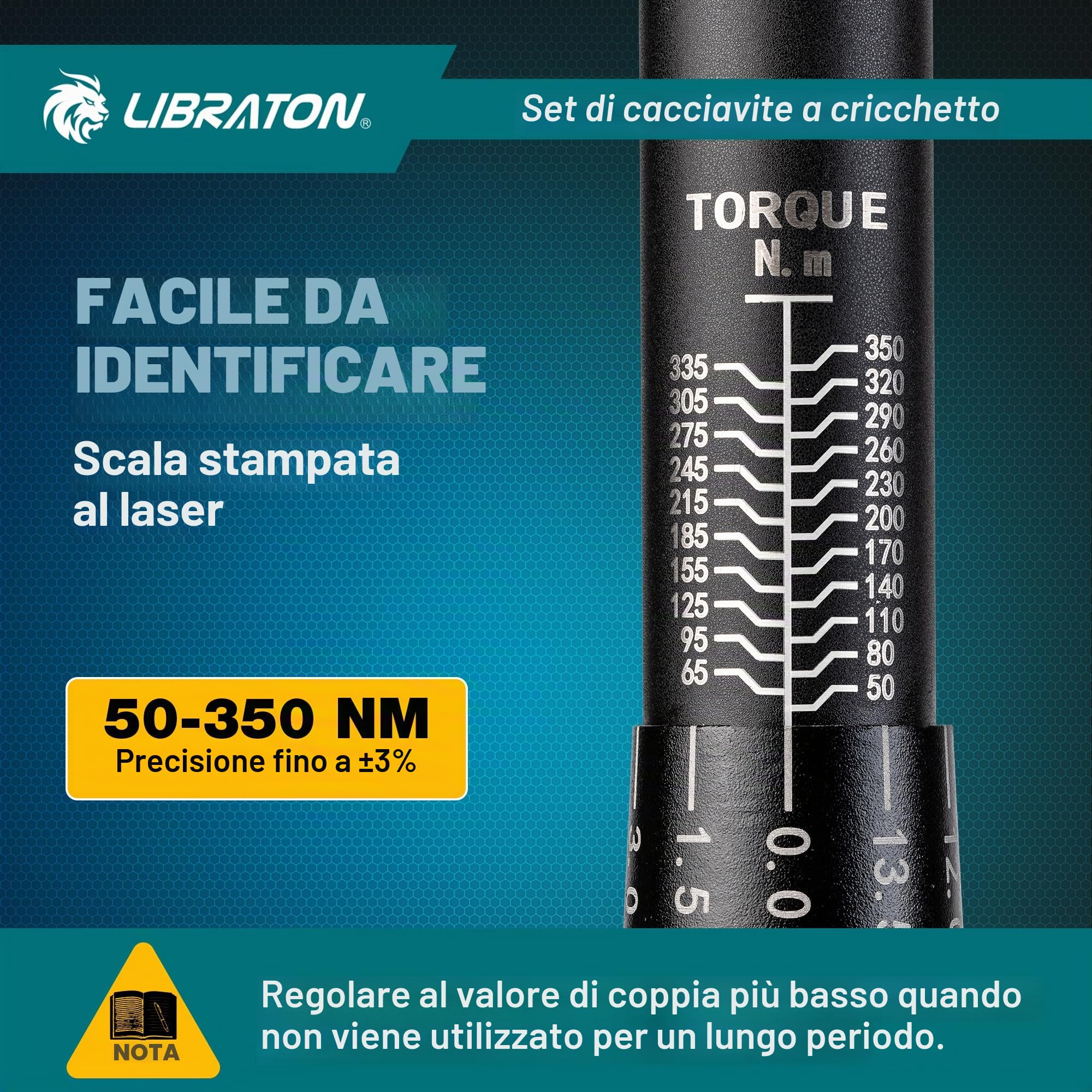 LIBRATON Chiave dinamometrica 1,27 cm, 50-350 NM, chiave dinamometrica ± 3% di precisione, robusta asta del cambio da 55,9 cm, 72 denti a doppia direzione regolabile per la manutenzione del motore e