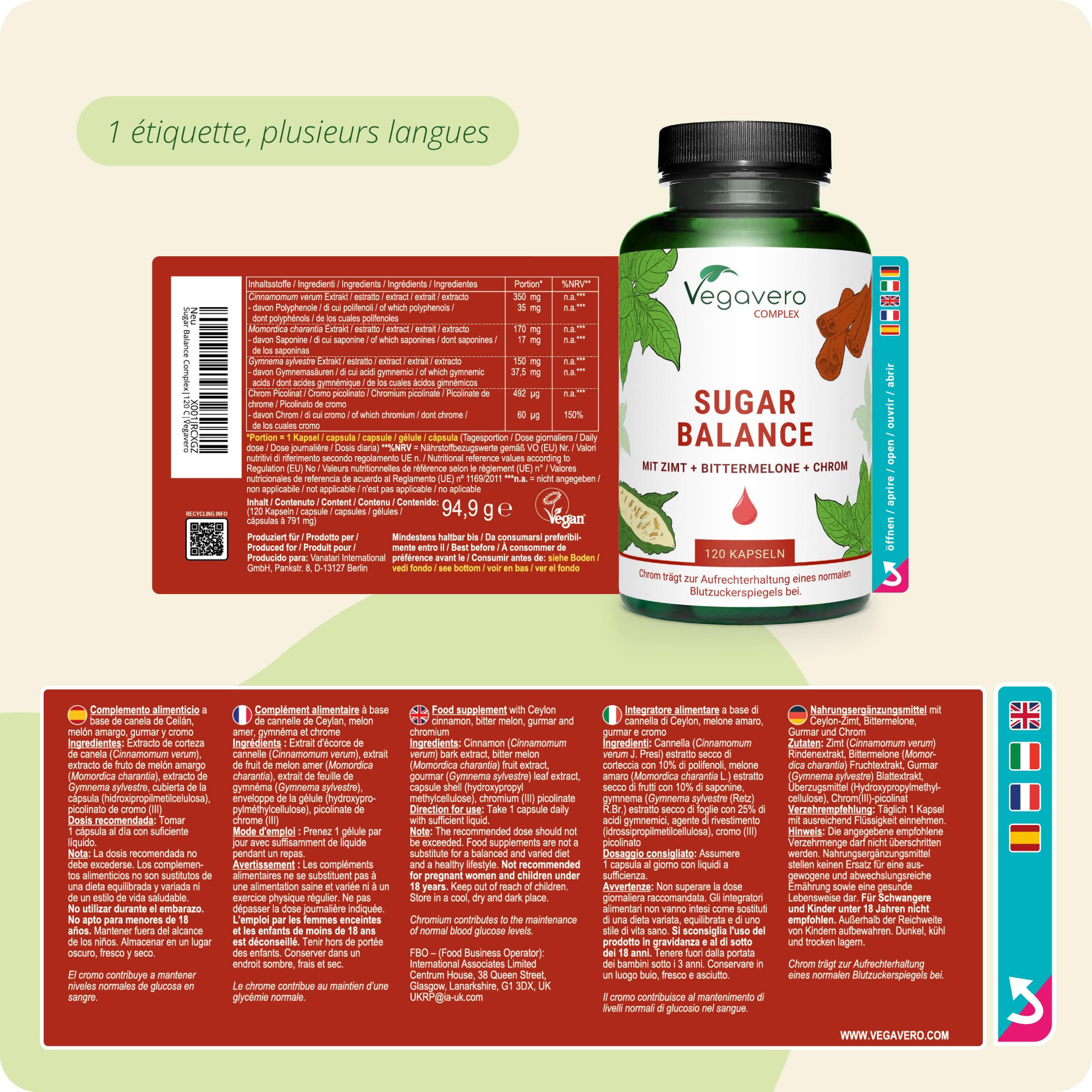 Vegavero GLYCEMIE Complex | 120 Gélules (4 MOIS) | Chrome, Cannelle, Gymnema sylvestris et Melon amer | Réguler le taux de sucre* | Sans Additifs & VEGAN