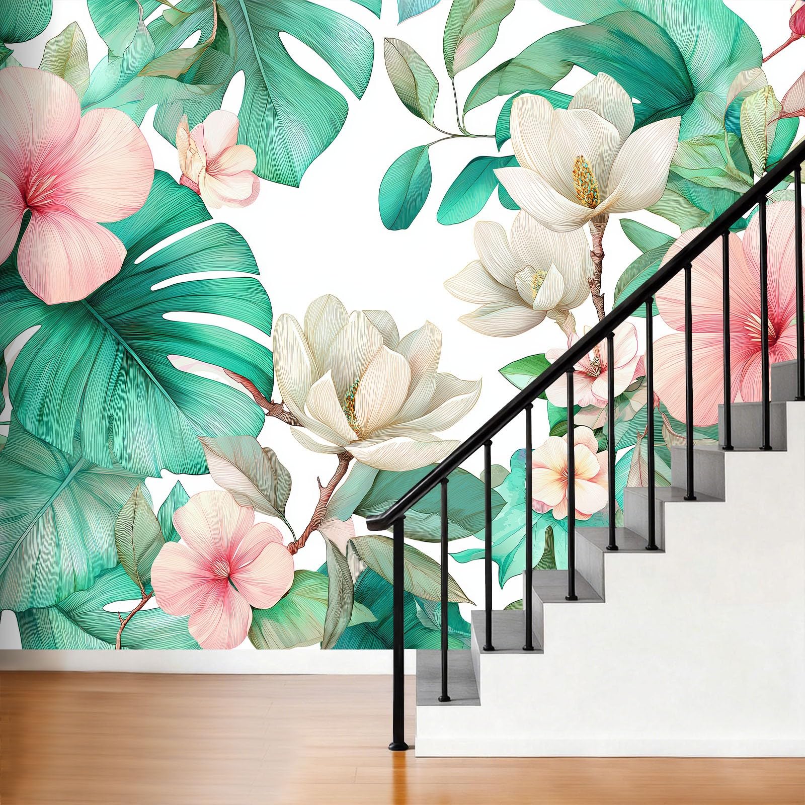 200 x 140 cm niebiesko-biała tapeta do pokoju dziecięcego, przedstawiający kwiaty Magnolia Liście Monstera Mural XXL plakat obrazy ścienne gobelin zdjęcie Trompe l'oeil do sypialni salonu kuchnia