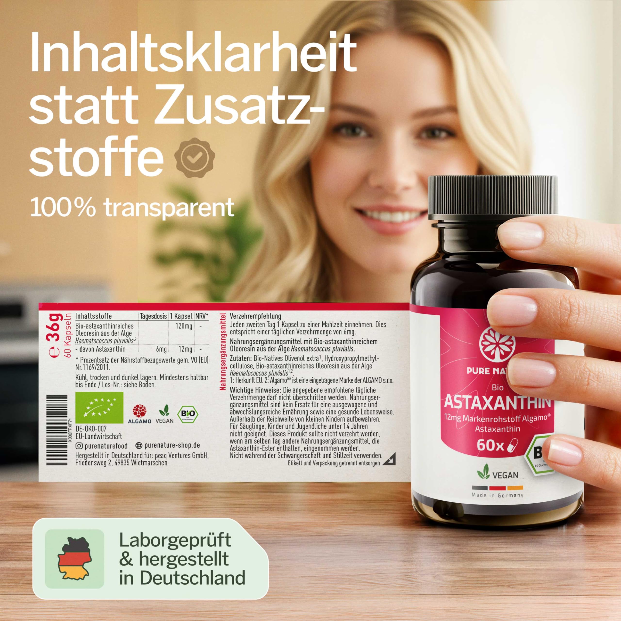 Pure Nature Astaxanthin hochdosiert BIO 12mg - 60 vegane Kapseln EU-BIO zertifiziert & laborgeprüft - Premium Rohstoff - mit Bio-Olivenöl – Astaxanthin hochdosiert - Astaxantin