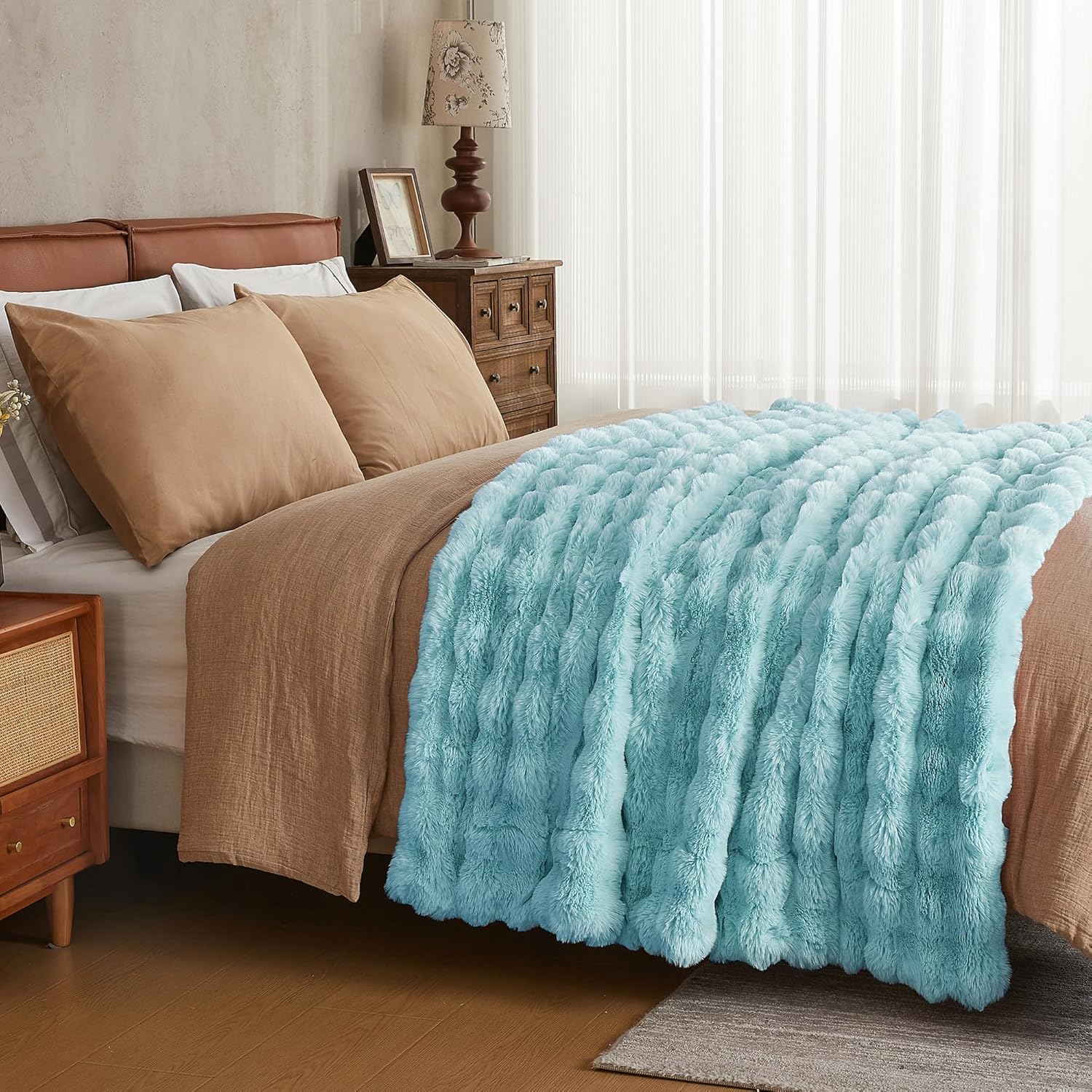 JELLYMONI Faux Fur Throw Blanket, Baby Blue Throw Blanket for Couch, Fuzzy Cozy Plush Bubble Bed Blanket, Thick and Warm Blanket, Throw (50" X 60") - Image 3