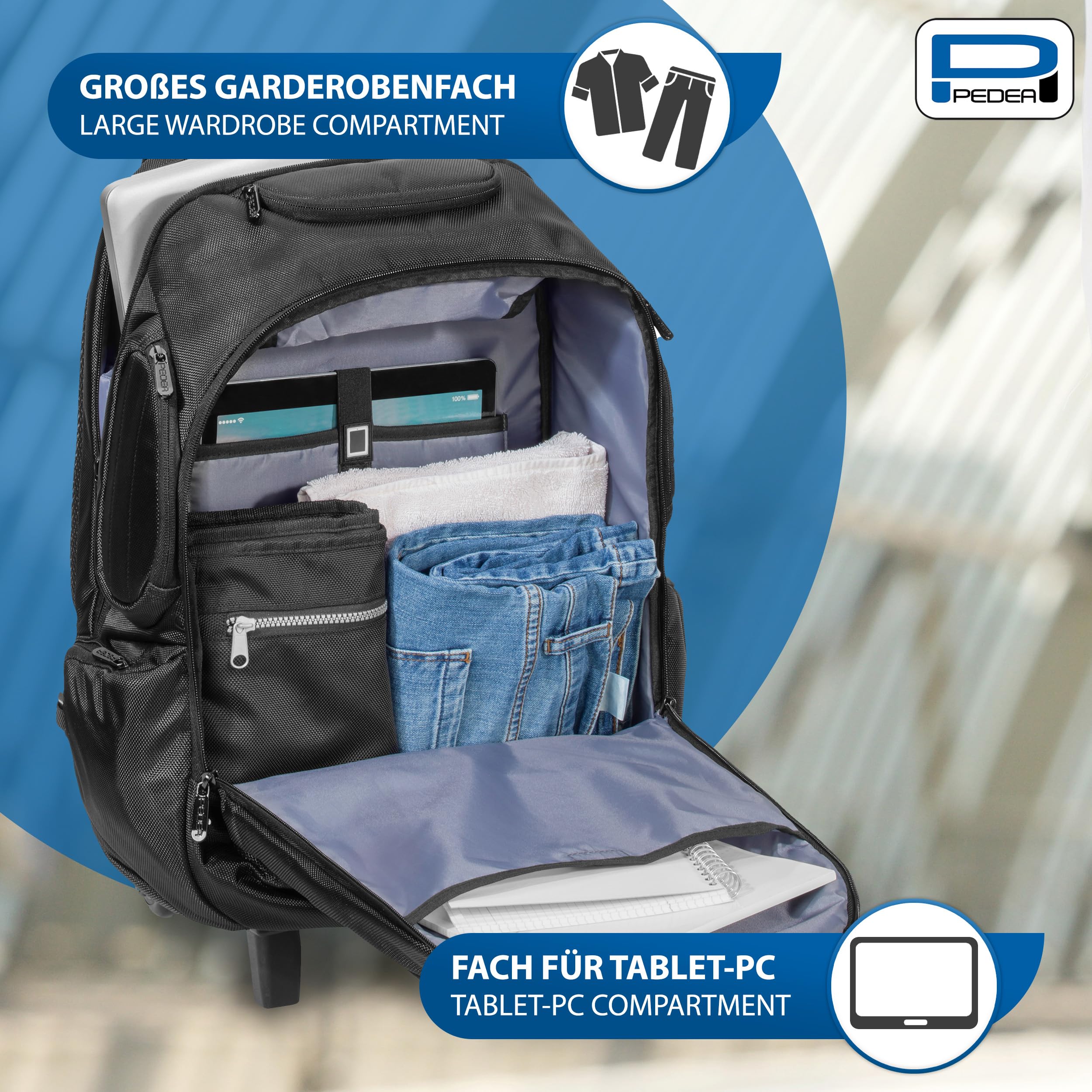 PEDEA Business Zaino Trolley “Premium” zaino per laptop fino a 17,3 pollici (43,9 cm) con scomparto per abbigliamento 24 ore e ruote, nero