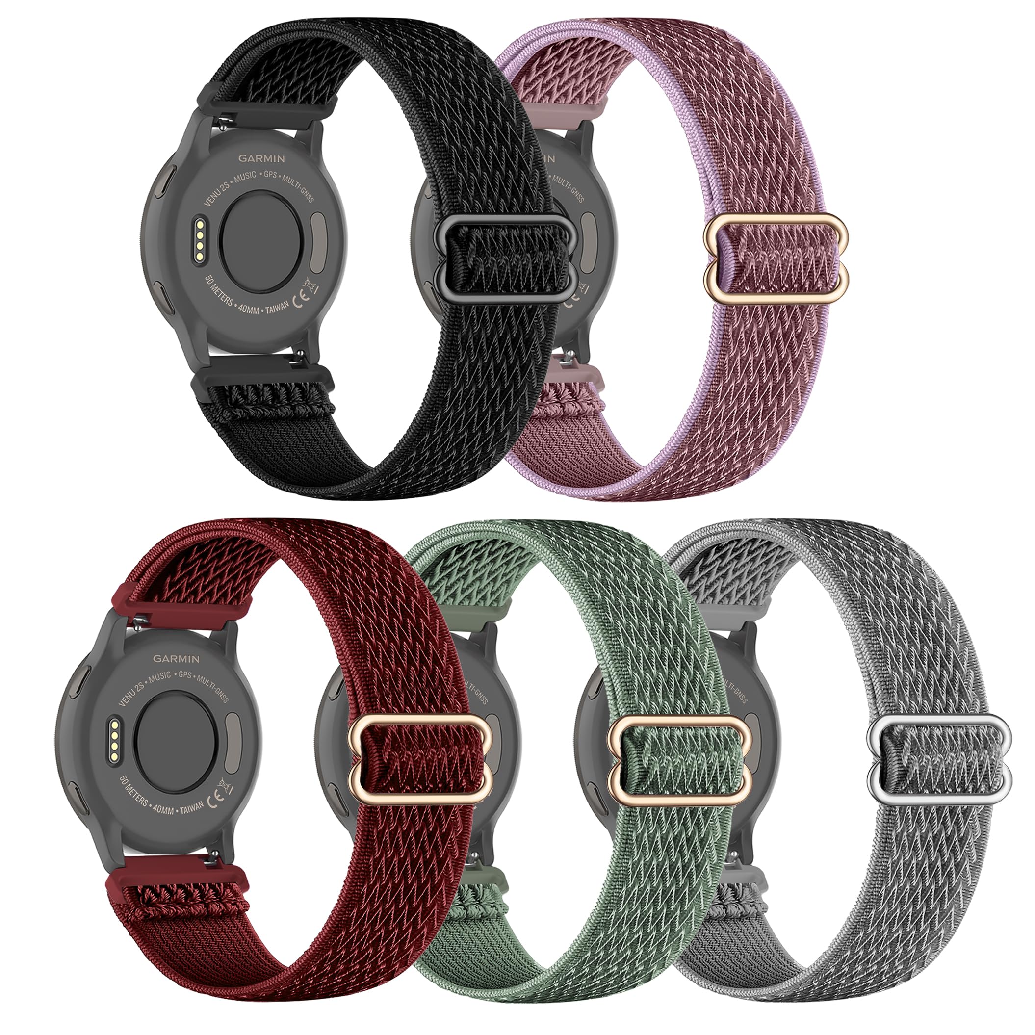 Kollody5 Pack Stretchy Nylon Watch Bands Compatible with Garmin Venu 2S/Vivoactive 4S/Venu 3S/Vivomove 3S,18mm Loop Elastic Fabric Adjustable Straps for Garmin Forerunner 265S/255S/255S Music Women Men