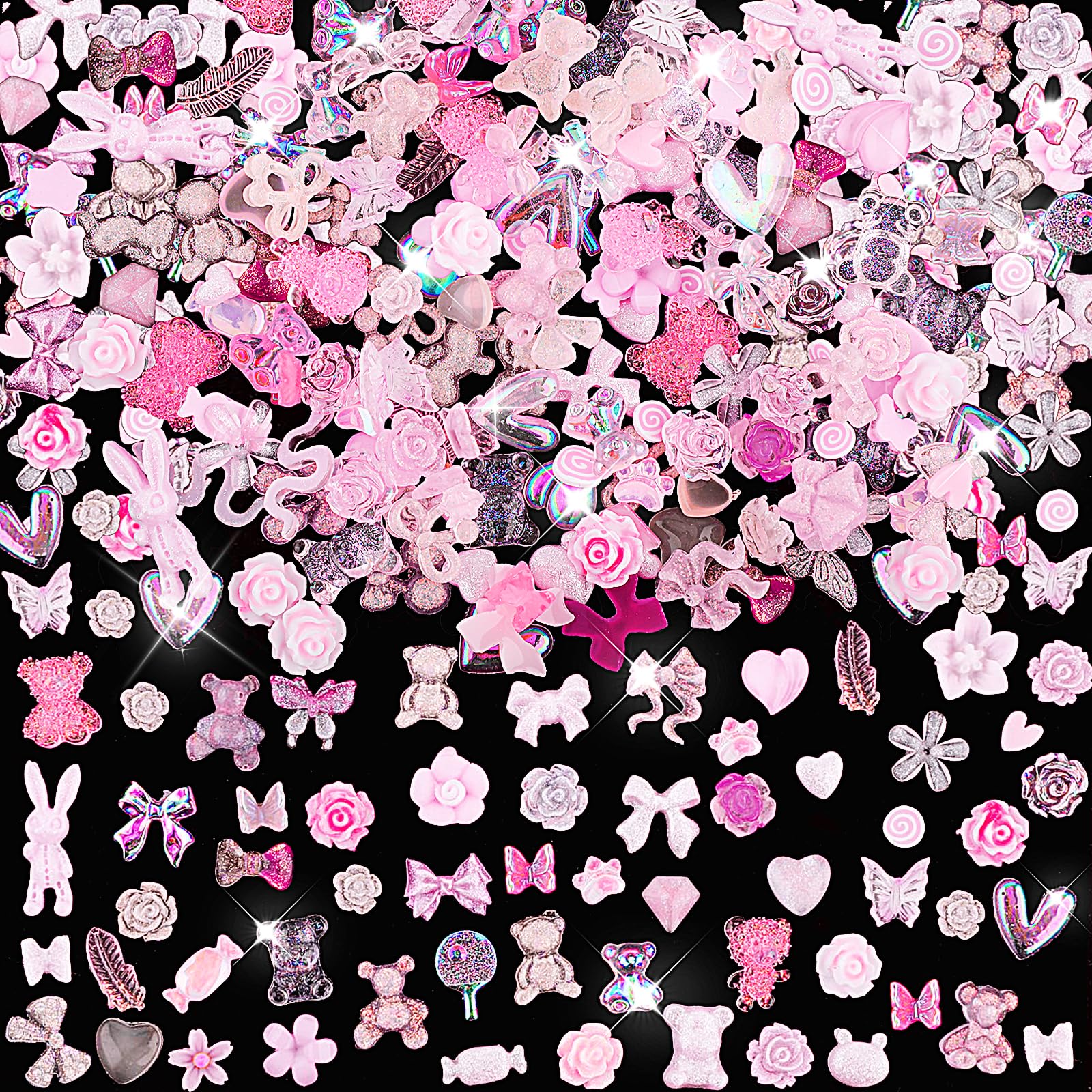 200 Pezzi Charm Unghie Accessori per Nail Art 3D Nail Charms Fiocco Ciondolo per Unghie Rosa Stile Misto Fiocco Fiore Cuore Decorazione per Nail Art Artigianato Fai-da-te Nail Art Design