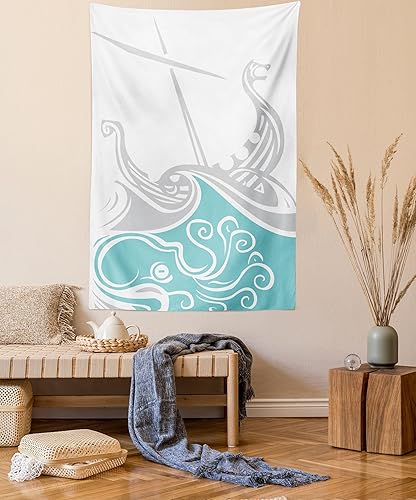 Ambesonne Kraken - Tapiz vikingo con diseño de naves escandinavos de vela en las olas, pantalla retro, colgante de pared para dormitorio, sala de