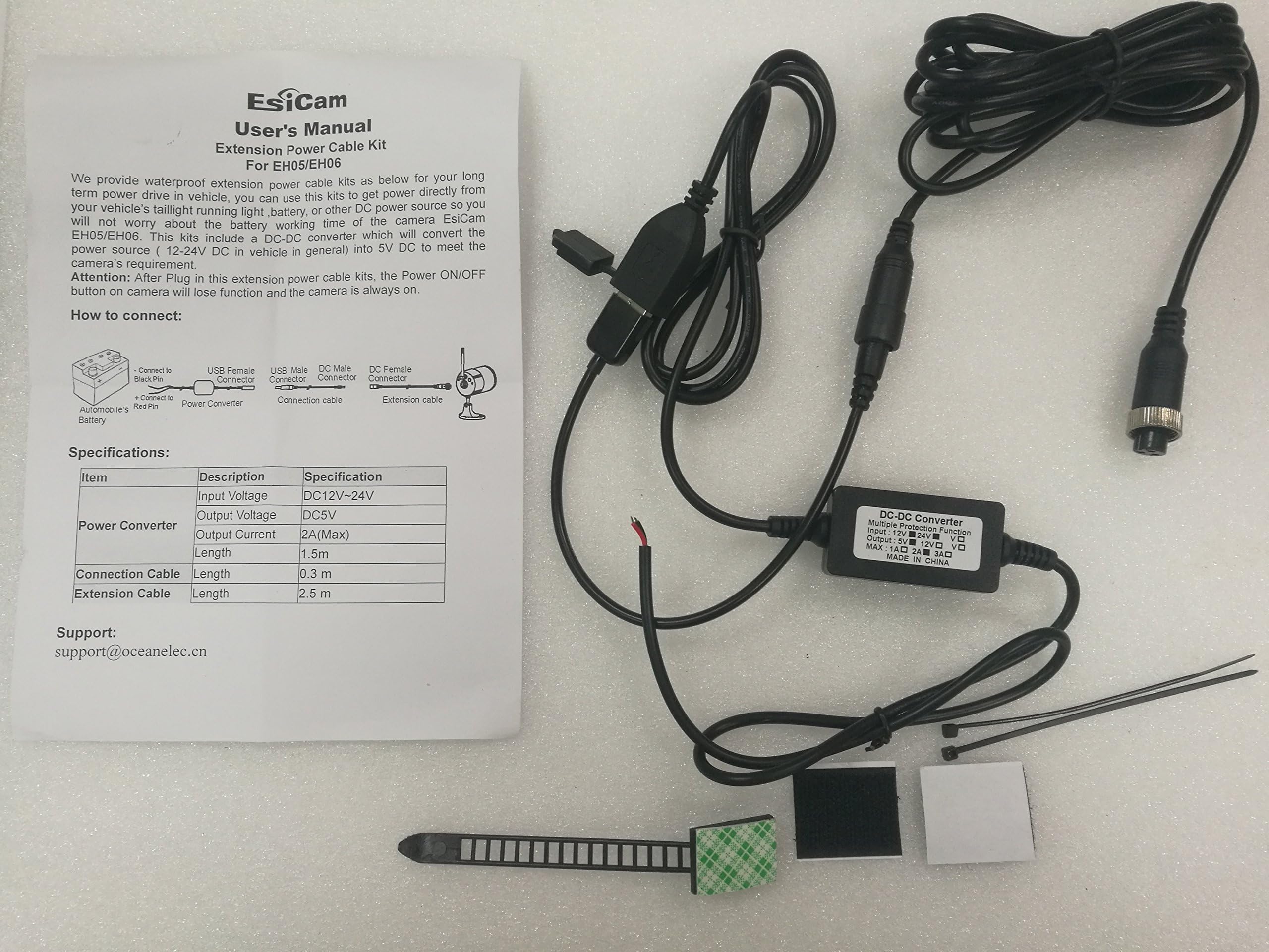 Extension Power Supply Cable Kits with 12V/24V to 5V DC-DC Converter for EsiCam EH05/EH06 Portable Wifi Backup Camera use for RV on Vehicle Power Drive Connecting to Rear Light Taillight Power Head