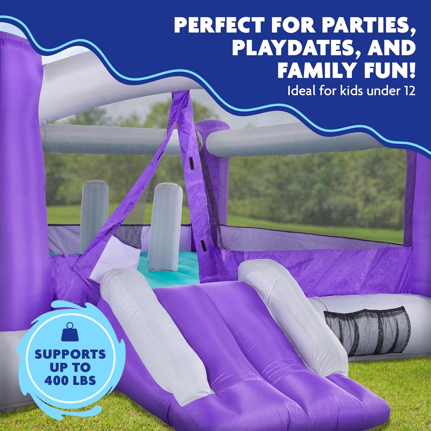 Sunny & Fun Inflatable Bounce House with Slide & Bouncy Posts – Heavy Duty 12 x 10.5 Ft Blow Up Bouncy House for Kids – Includes Air Blower for Quick & Easy Setup – Large Bouncy Castle for Ages 3–10