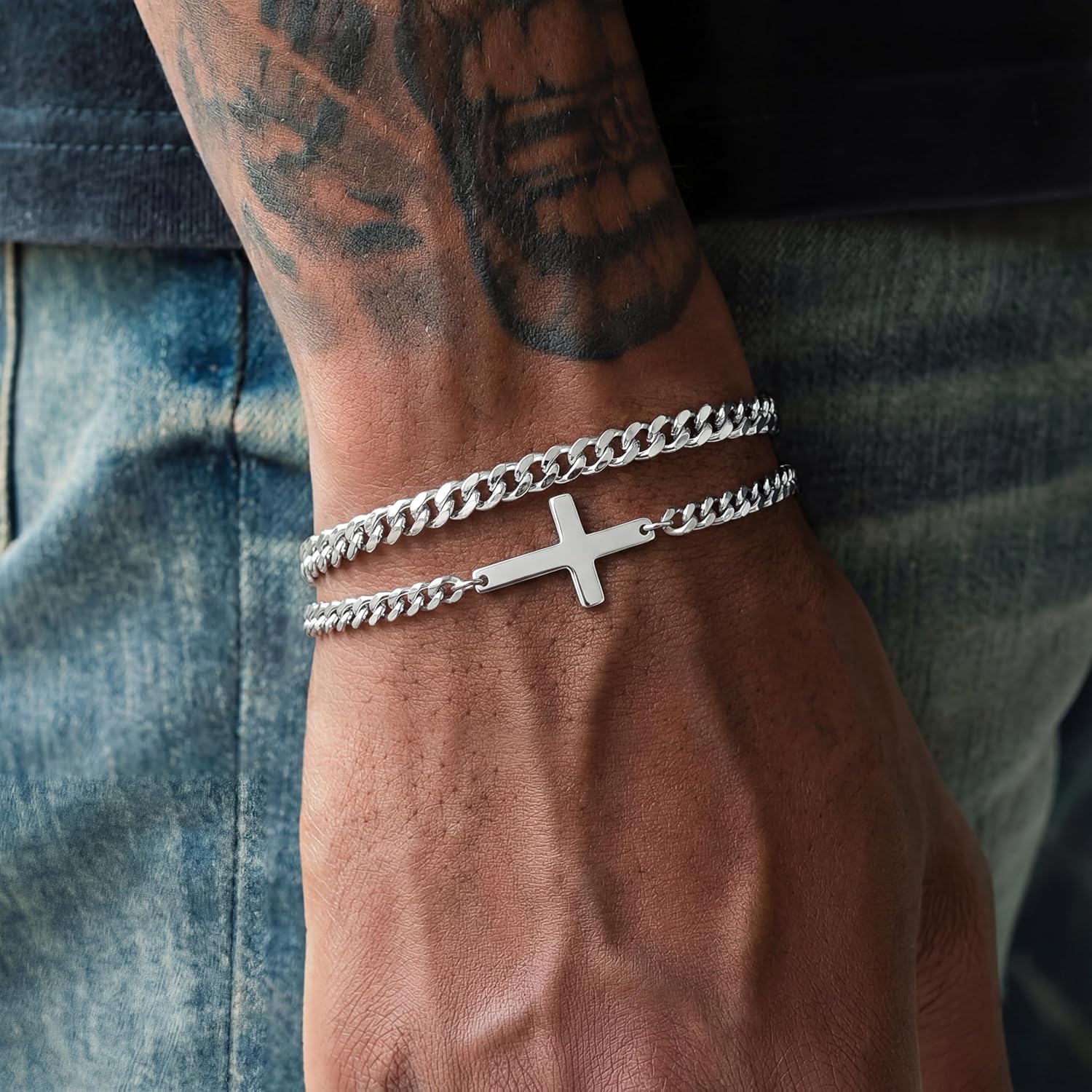 RANKEEF 2Pcs Mens Silver Bracelet with Cross Pearl Sturdy Stainless Steel Bracelets for Men Non Tarnish Adjustable Snake Box Figaro Rope Cuban Link Bracelet Set Gifts to Men Dad - Image 2