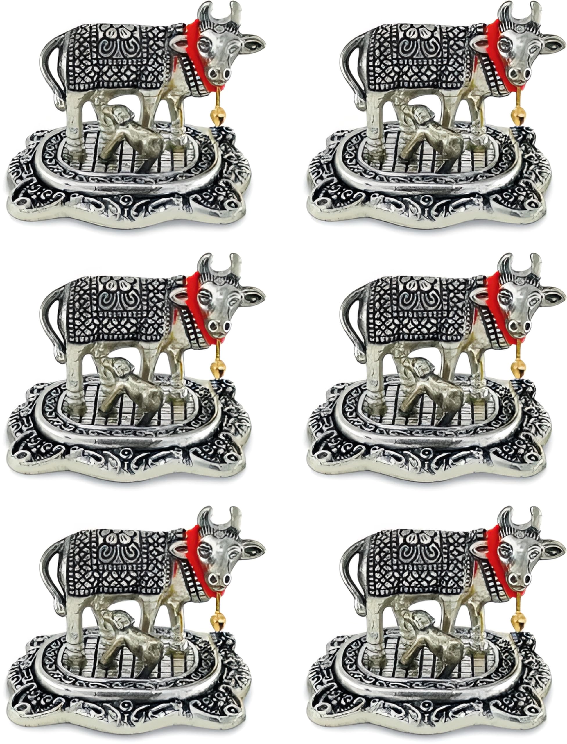 LABHCART Decorative Silver Metal Cow Statue with Bell, 7.6 x 6.4 cm, Traditional Design,Pack of 6