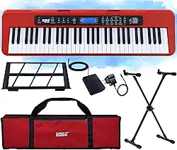 Kit Teclado Musical Estudante Kobe KB-300 RD 5/8 61 Teclas Iniciante com Sensibilidade ao Toque com Pedal Sustain, Capa e Suporte