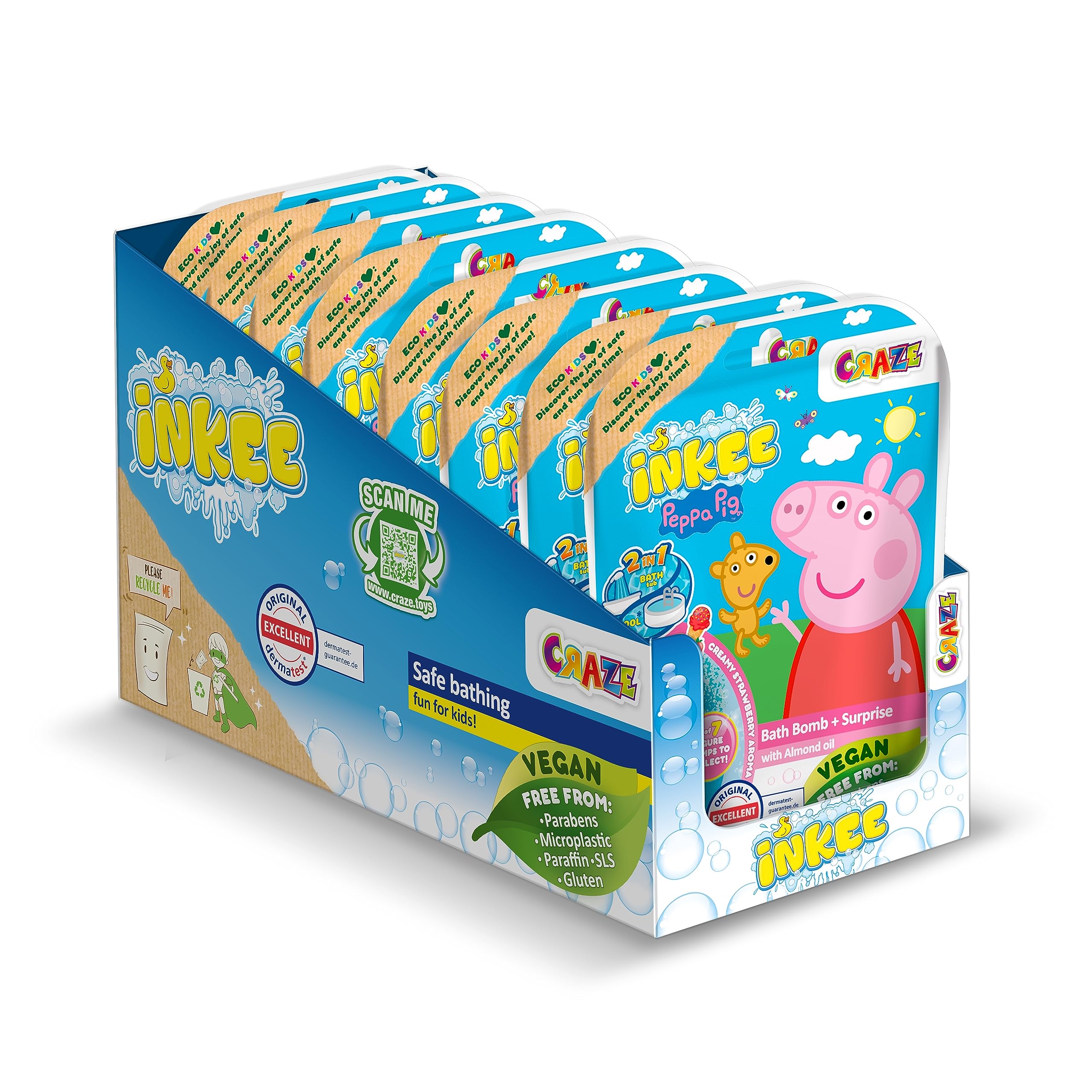 INKEE Peppa Pig Bath Bombs Surprise Set: 8 Kids Bath Bombs, Strawberry Scent, Foam, Bath Toy Included