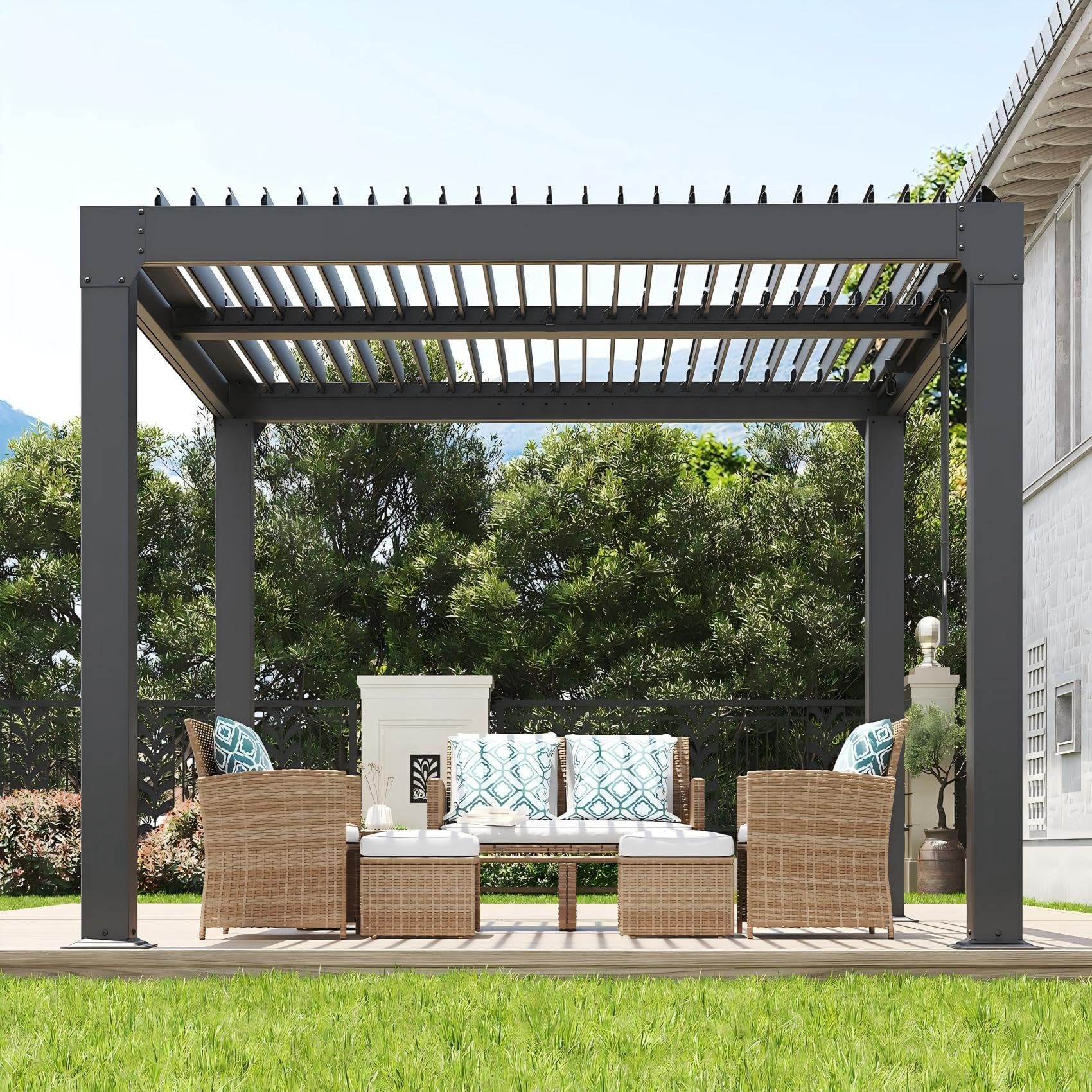 Louvered Pergola, 10×10 FT Outdoor Aluminum Pergola with Adjustable Louvered Roof, Easy Assembly, Modern Backyard Pergolas for Patios and Gardens