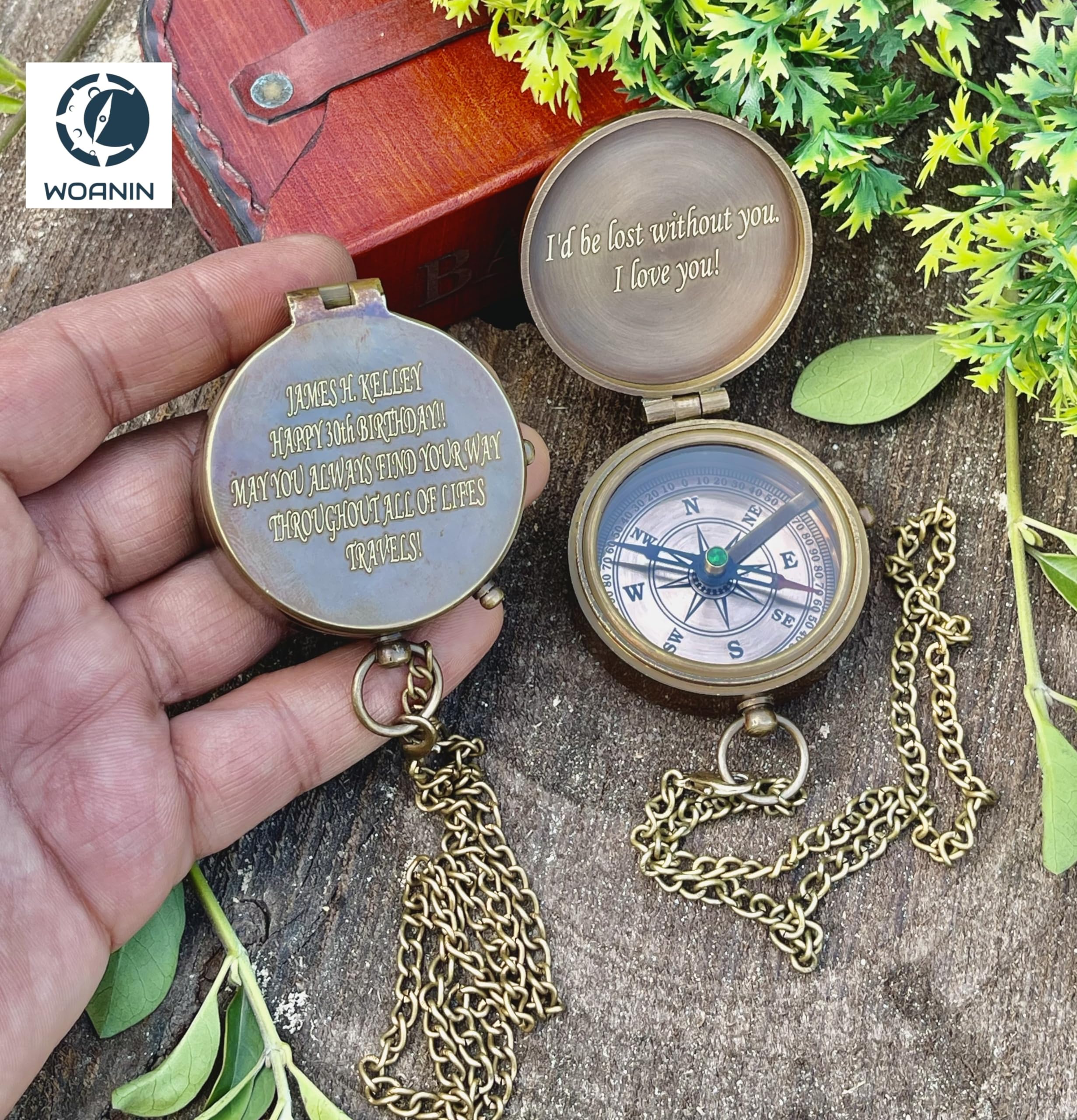 Bussola da scout per ragazzi e uomini, con incisione, con scatola in pelle, bussola da campeggio, idea regalo