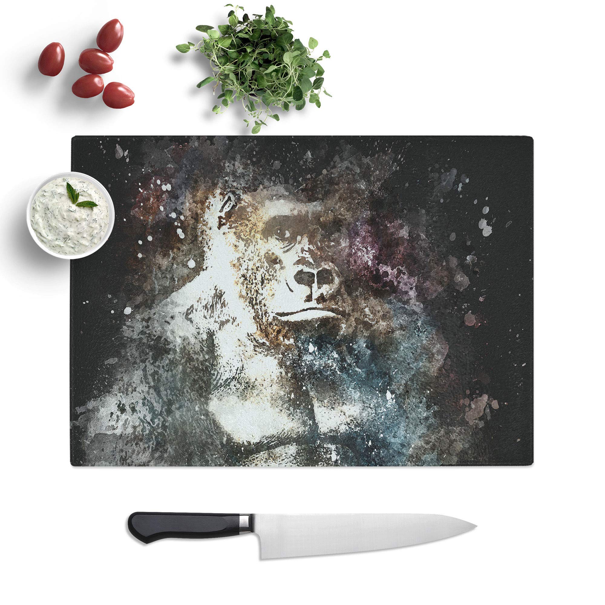 Glass Chopping Board - The Silverback Gorilla Paint Splash - Textured Worktop Saver Cutting Board - Heat Resistant, Shatterproof and Hygenic - 28.5 x 20 cm
