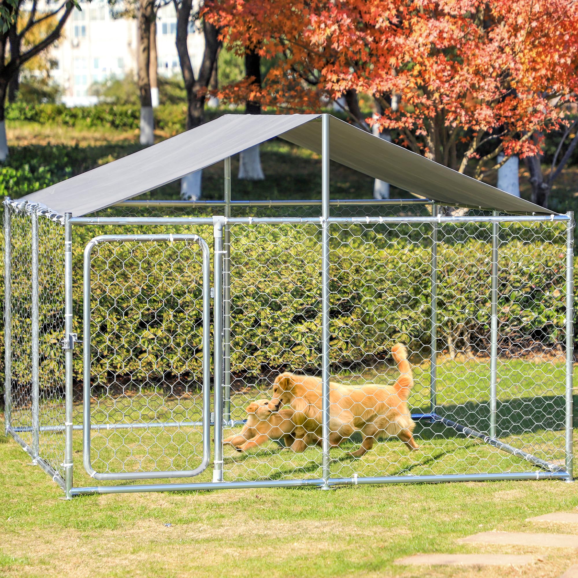 MAGIC UNION Large Dog Kennel Outdoor Heavy Duty Dog Cage, Anti-Rust Pens Fence with Waterproof UV-Resistant Cover and Secure Lock