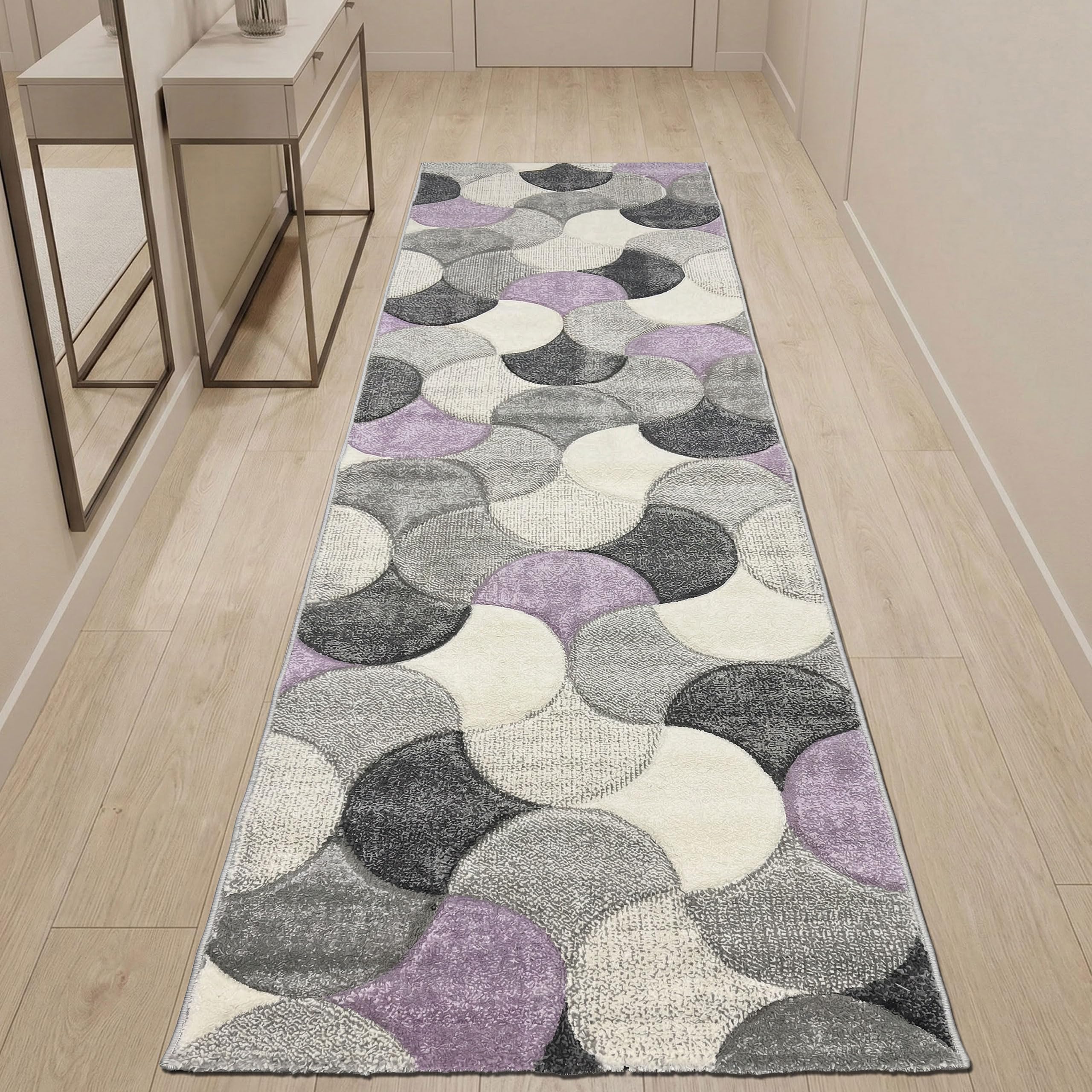 Teppich-Traum Teppich Läufer lang Flur modernes Bogenmuster Kurzflorteppich modern weich Konturenschnitt Lila-Grau 80 x 300 cm
