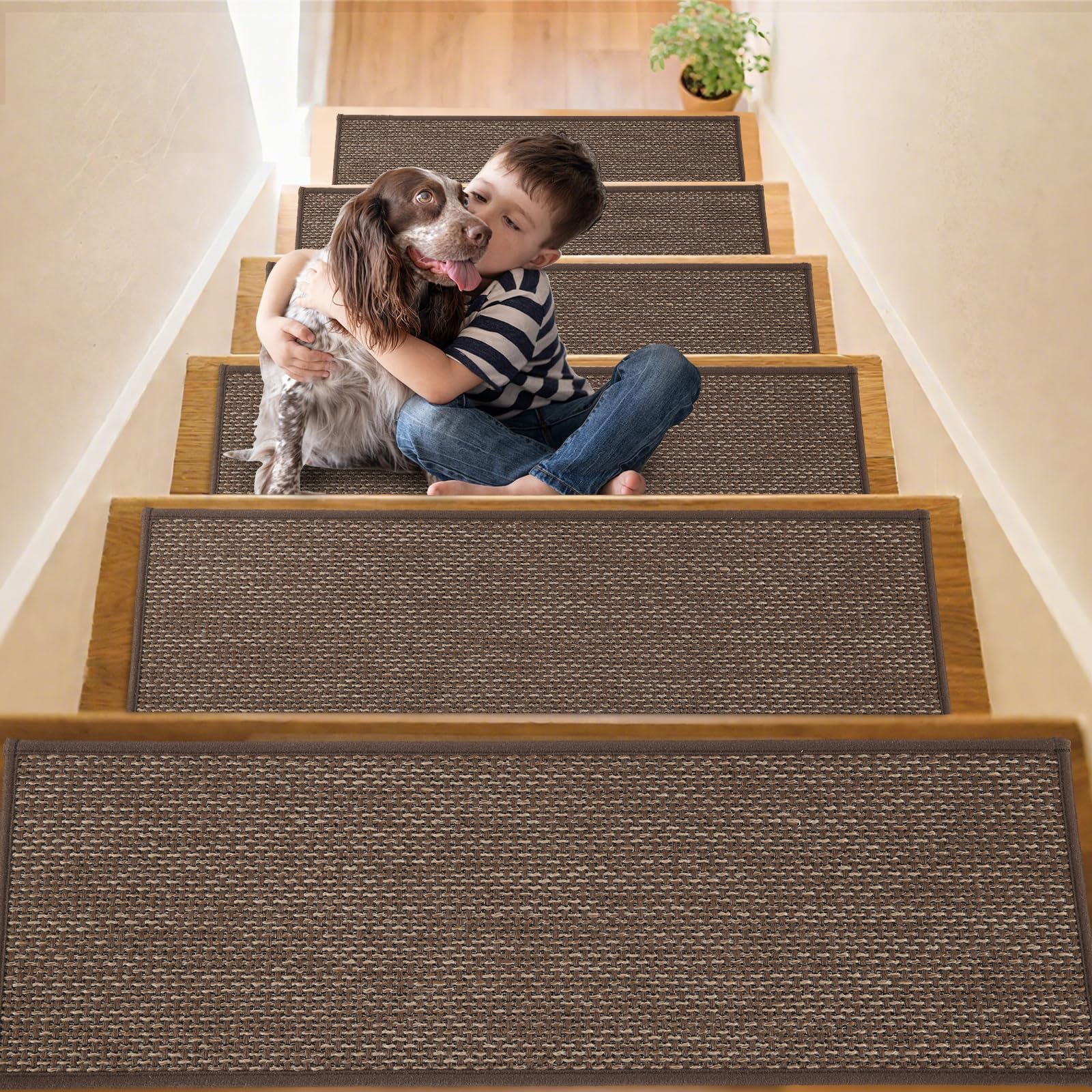 YISUN Leinenimitat Treppenstufen Matten 15pcs, Abnehmbar und Waschbar | Stufenmatten Selbstklebend Rückseite 65x20 cm, Stumm Antirutsch Treppenteppich für Treppe, Küche, Schlafzimmer, Badezimmer