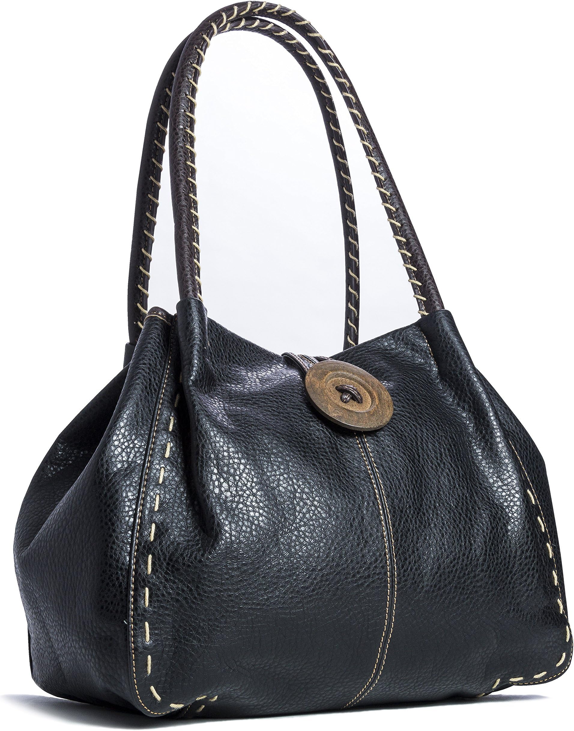 Women's Shoulder Handbag – Faux Leather Top Handle Tote with Wood Button Closure, Zip Pockets & Fabric Lining – Includes Dust Bag – Olivia