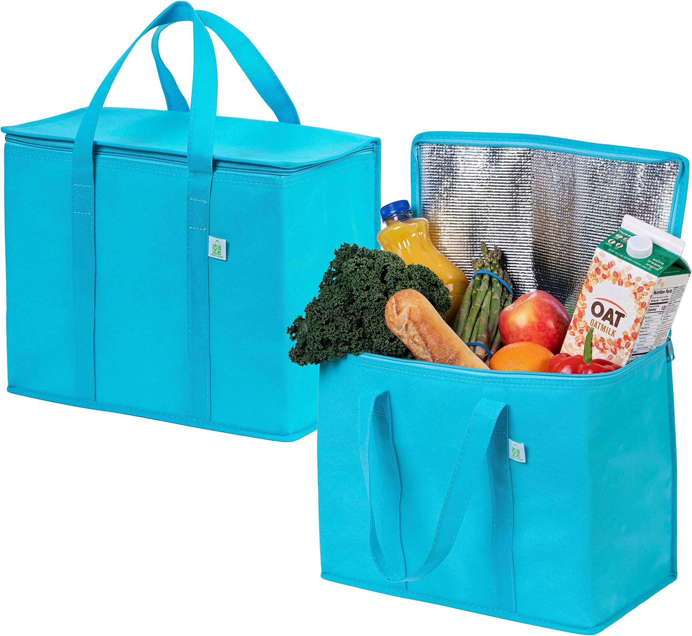 VENO 2 Pack Insulated Reusable Grocery Bag, Food Delivery Bag, Durable, Heavy Duty, Large Size, Stands Upright, Collapsible, Sturdy Zipper, Reusable and Sustainable (Cyan, 2 Pack)
