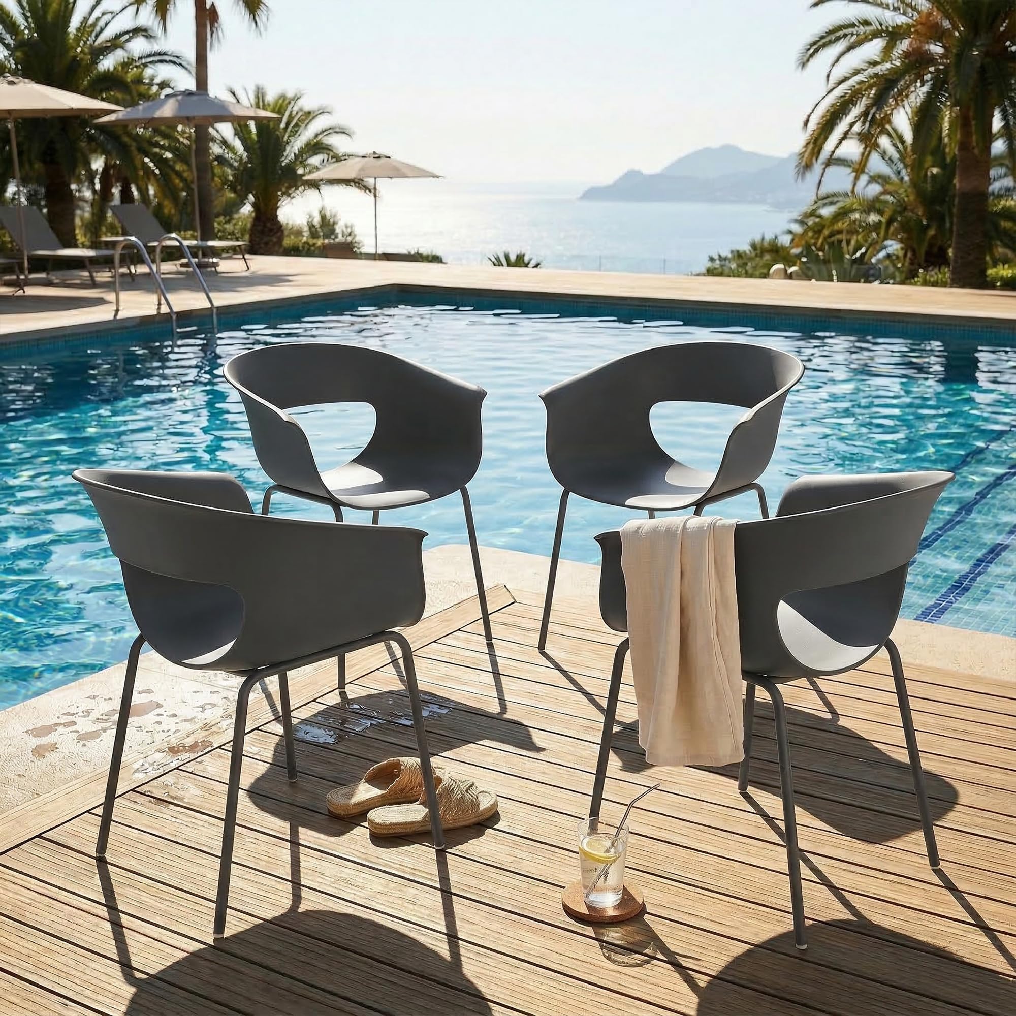 Outsunny Gartenstühle 4er Set ergonomisch Balkonstühle mit Ausschnittdesign Armlehne Wetterfest rostbeständig Outdoor Stühle bis 120 kg Terrassenstühle für Garten Balkon Terrasse Dunkelgrau