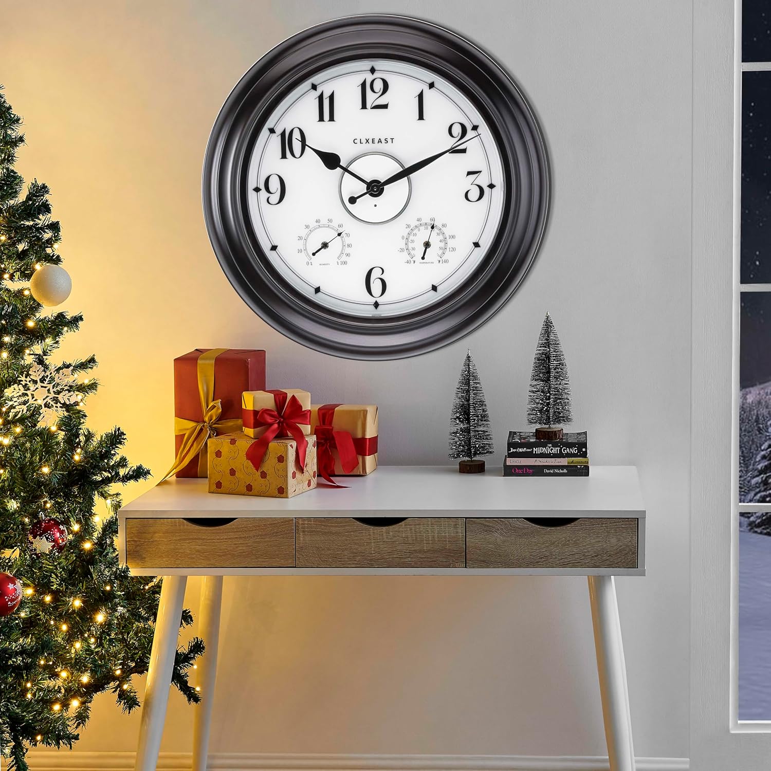 CLXEAST 24 Inch LED Self-Illuminated Outdoor Metal Clocks Waterproof, Large Lighted Outdoor Clock with Temperature and Humidity,Oil Rubbed Bronze Black,Spring Garden Decor