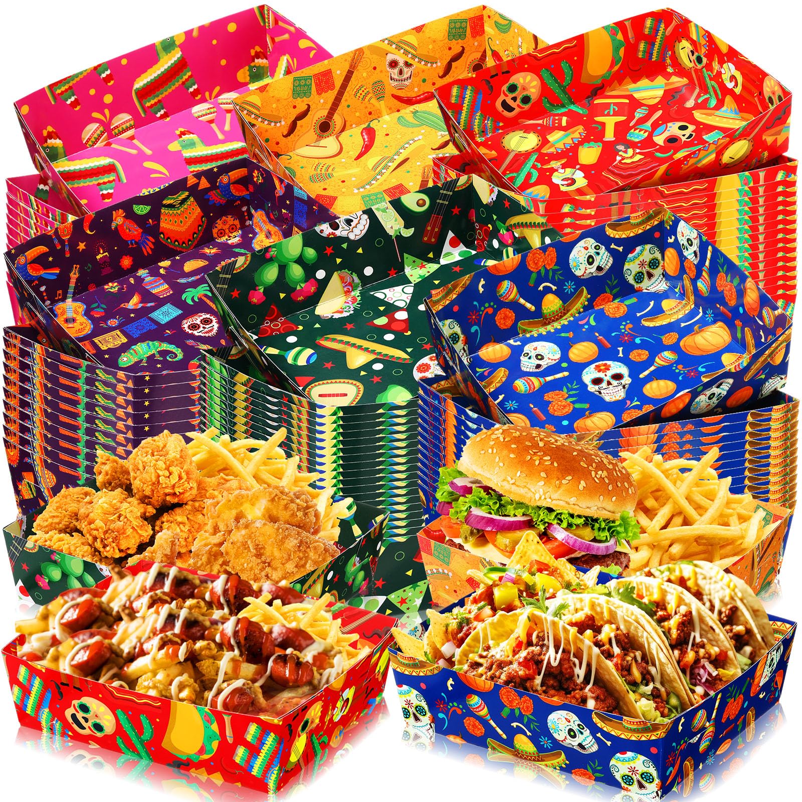 Harloon 36 Pack Mexican Nacho Trays 5 lb Extra Large Mexican Paper Food Trays Fiesta Disposable Cardboard Serving Boats for Cinco De Mayo Taco Fries