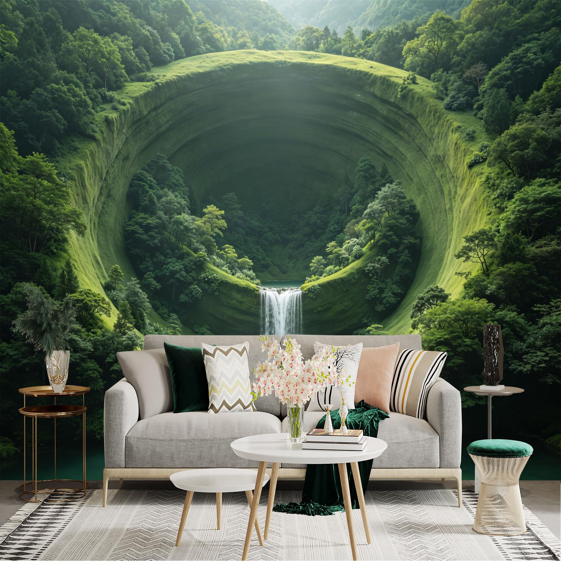 Lnzczhyre Dbh260521535 Custom Size Wall Sticker Mural， Surreal Green Canyon， Tropical Waterfall， Lush Forest Landscape， Nature Scenic View， For Wall Decoration， Peelandstick Wall Decals.