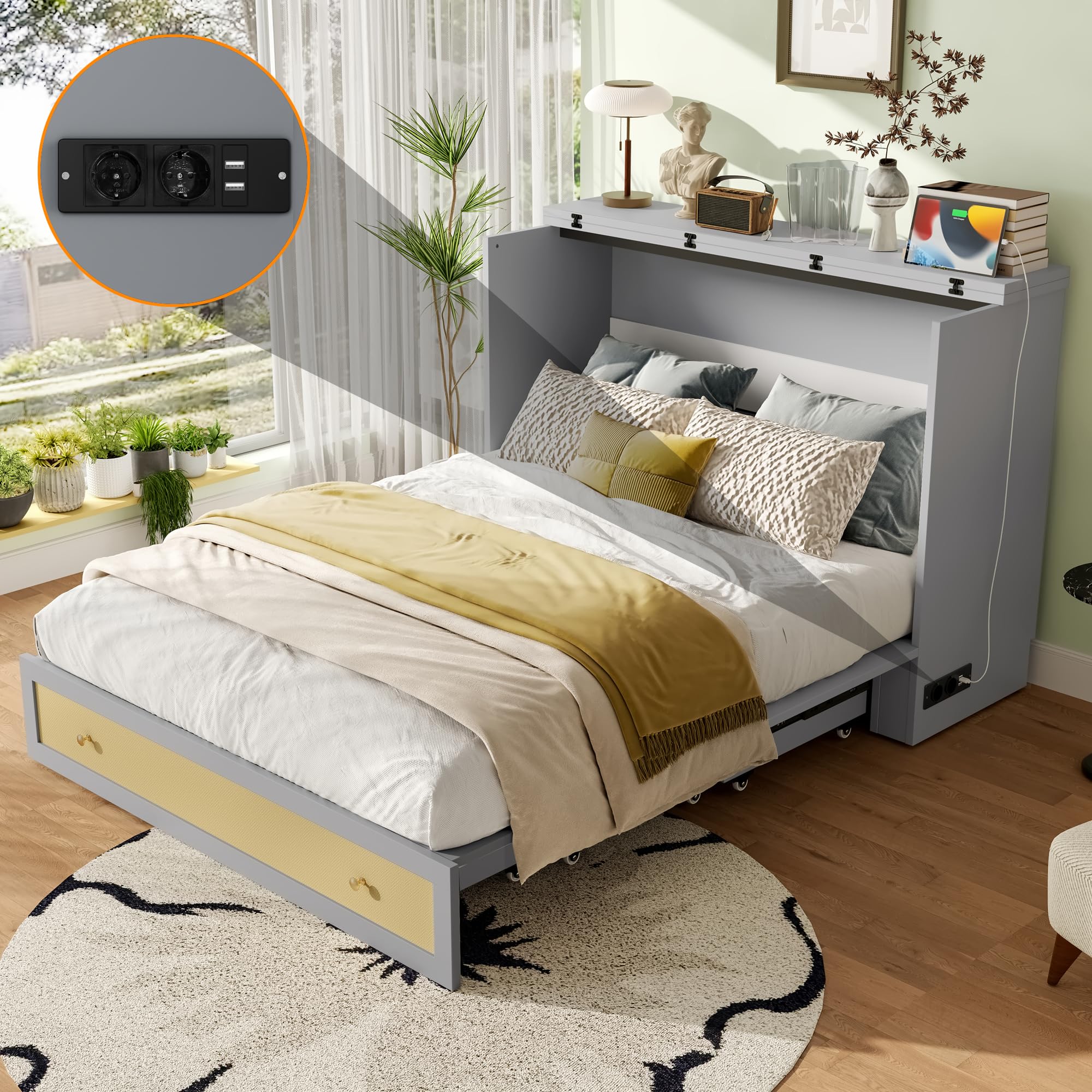 Cama Armario, 140 x 200, Móvil Armario Cama con Cajones en el Extremo de la Cama y Estante en la cabecera de la Cama con USB y Enchufe Cama con Plataforma Convertible, Sin Colchón (Gris)