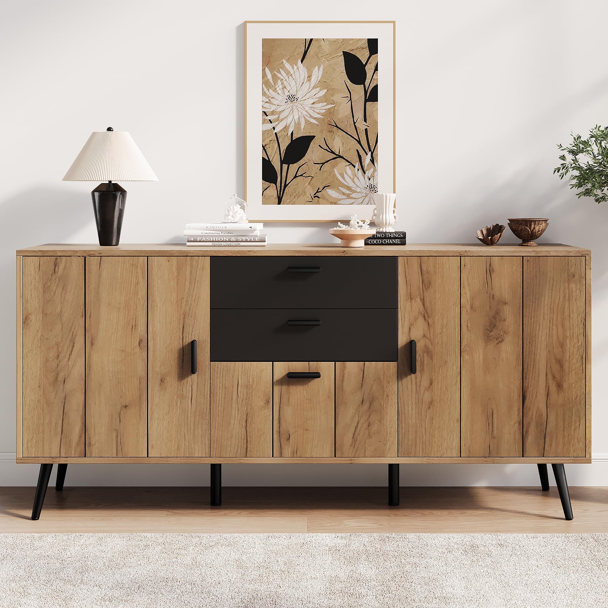 Credenza con 3 ante e 2 cassetti, effetto legno e nero, 140 x 35 x 67 cm, per soggiorno, sala da pranzo, cucina