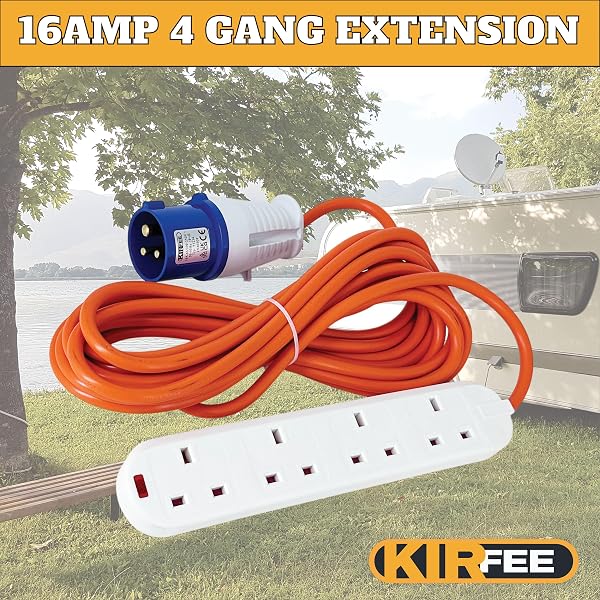 6M Camping Electric Hook Up Cable - 16amp to 13amp Adapter - 4 Gang Electric Hook Up For Camping - Heavy Duty Caravan Extension Lead, Ideal For Caravans, Generators, Motorhomes. - 2