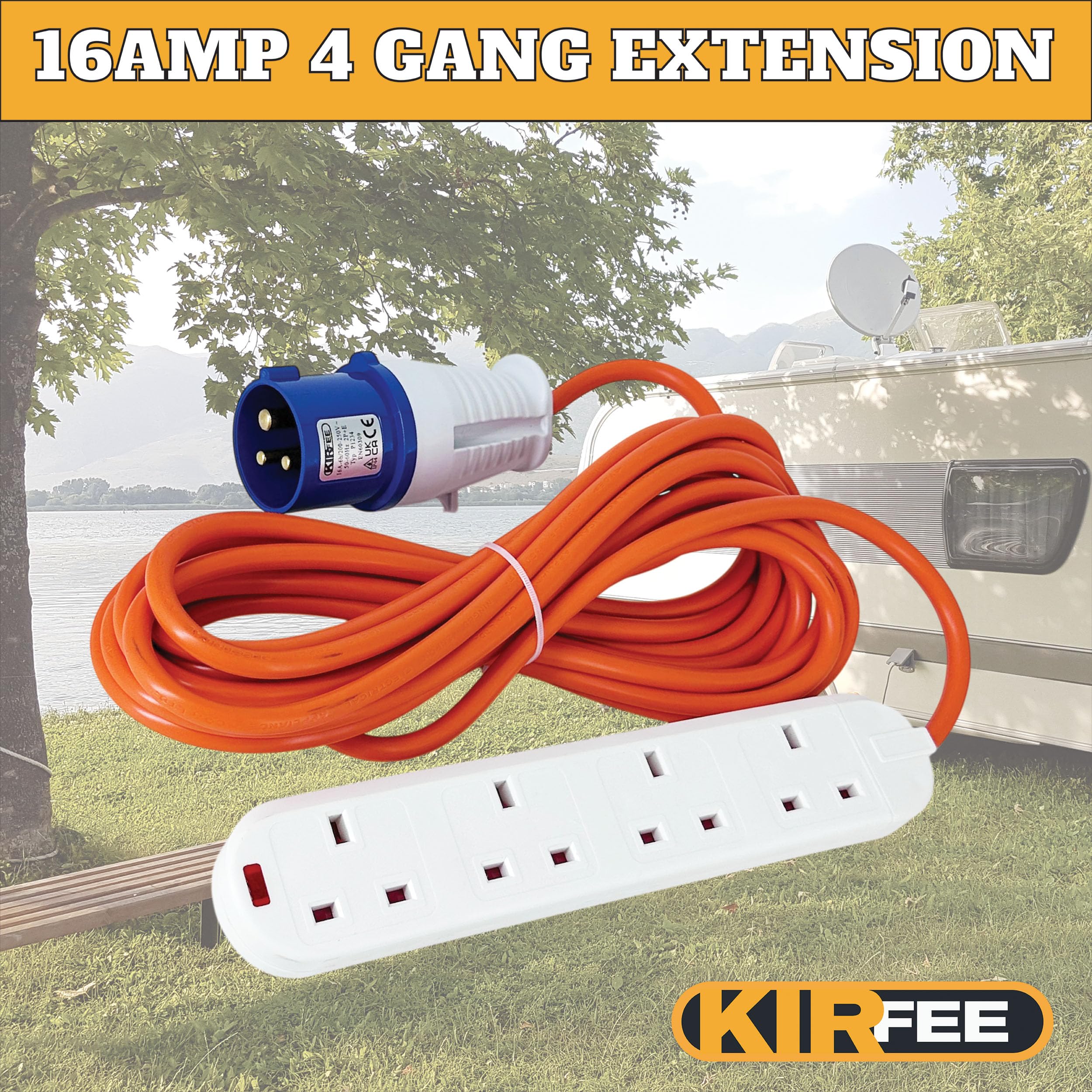 6M Camping Electric Hook Up Cable - 16amp to 13amp Adapter - 4 Gang Electric Hook Up For Camping - Heavy Duty Caravan Extension Lead, Ideal For Caravans, Generators, Motorhomes. — view 2