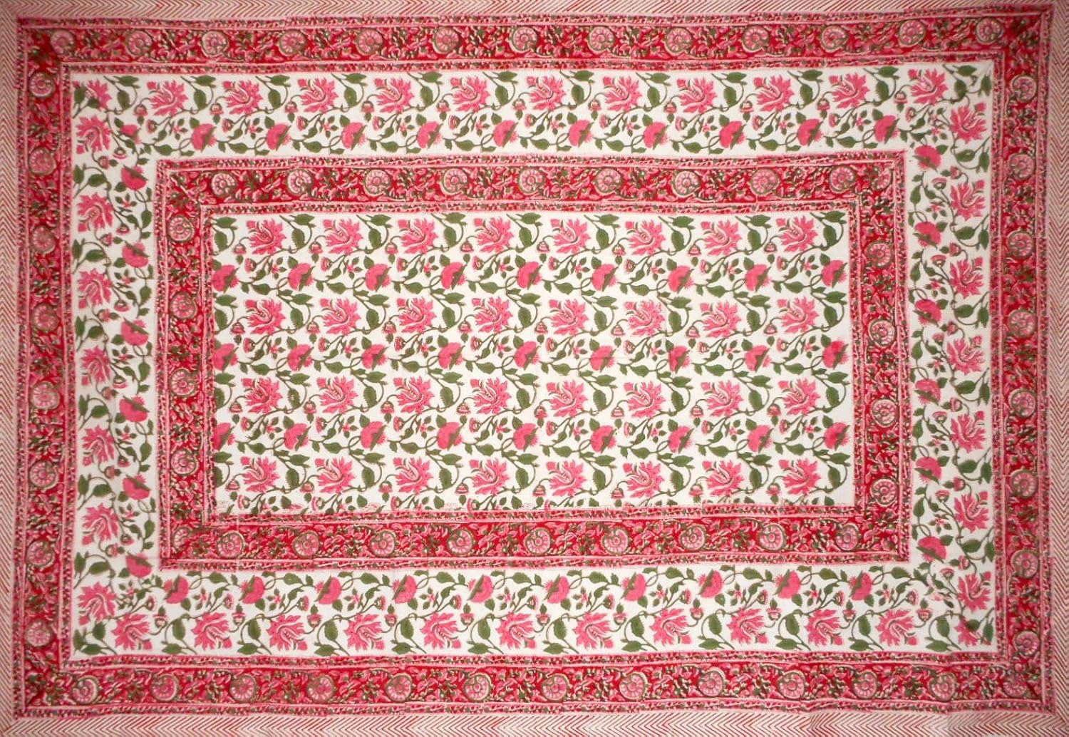 HOMESTEAD Pretty in Pink Block Print Cotton Tablecloth 90" x 60" Pink