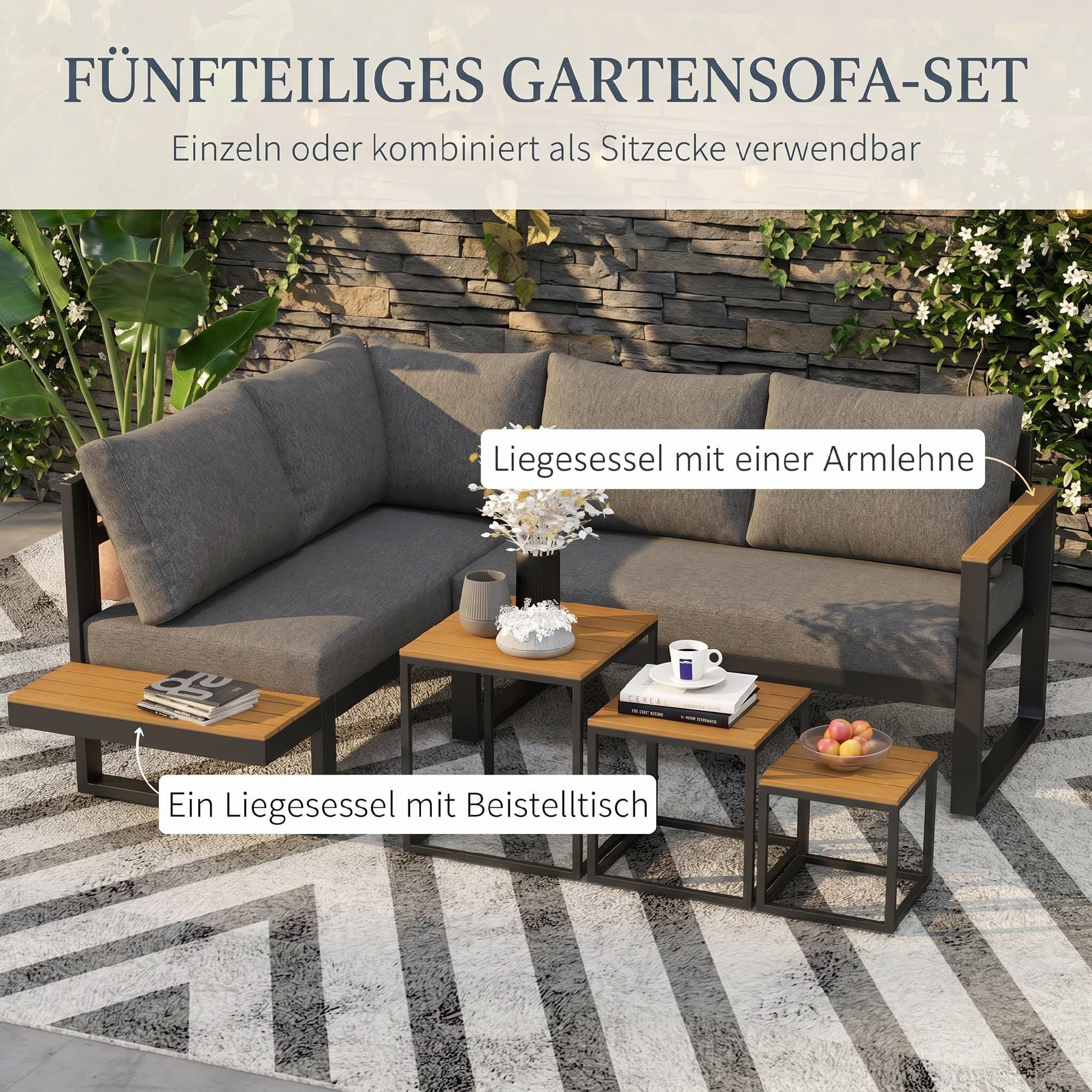 Outsunny 5-TLG. Gartenmöbel-Set mit Ecksofa, Doppelsofa, Couchtisch, Grau | Gartengarnitur inklusive Sitzkissen, Loungegruppe für Balkon und Terrasse, Balkonmöbel-Set