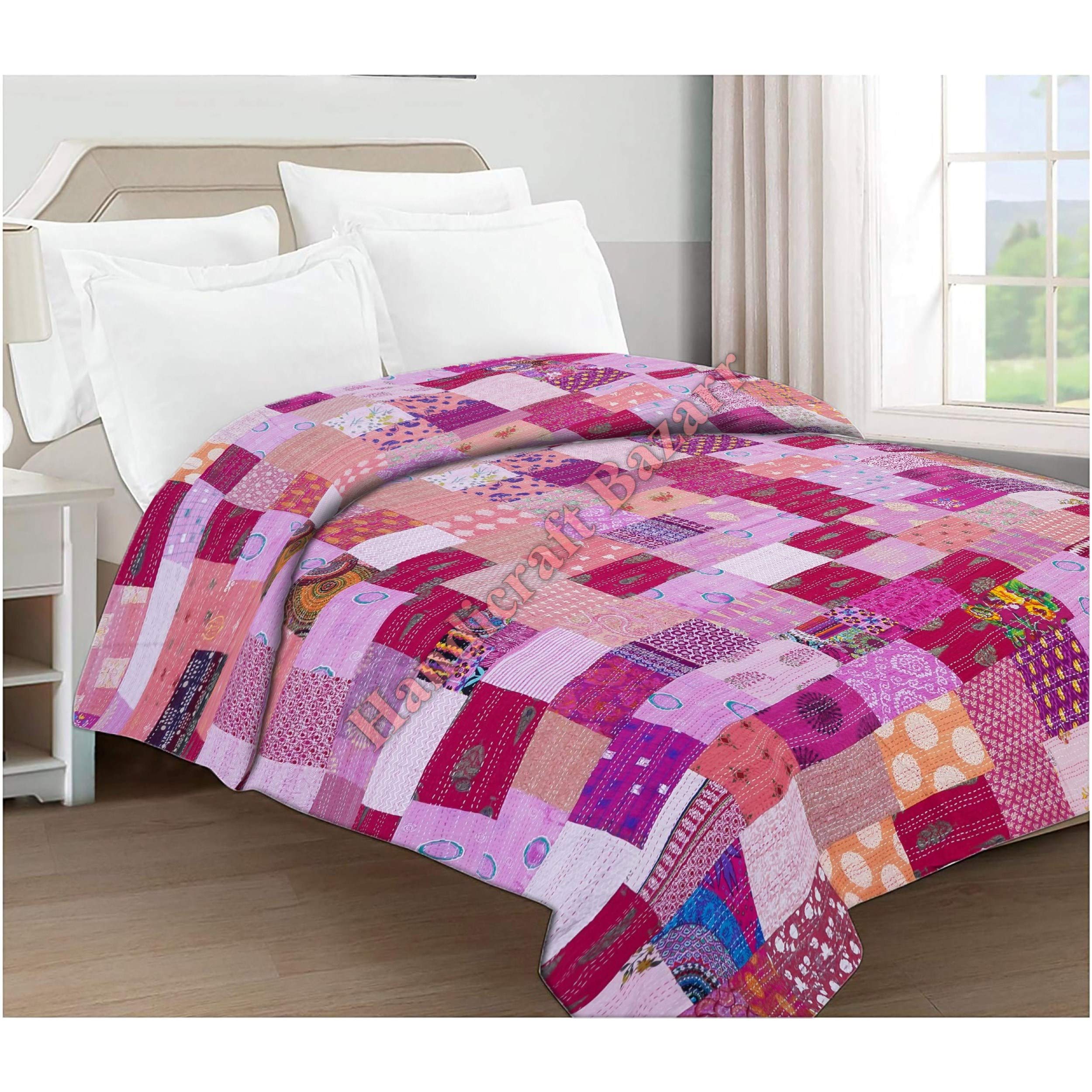 Handicraft Bazar Abstract Patchwork Paisley Design Printed Silk Patola Bed Server Handmade Quilt Indian Hand Woven Vintage Throw Blanket Kantha Bed Cover