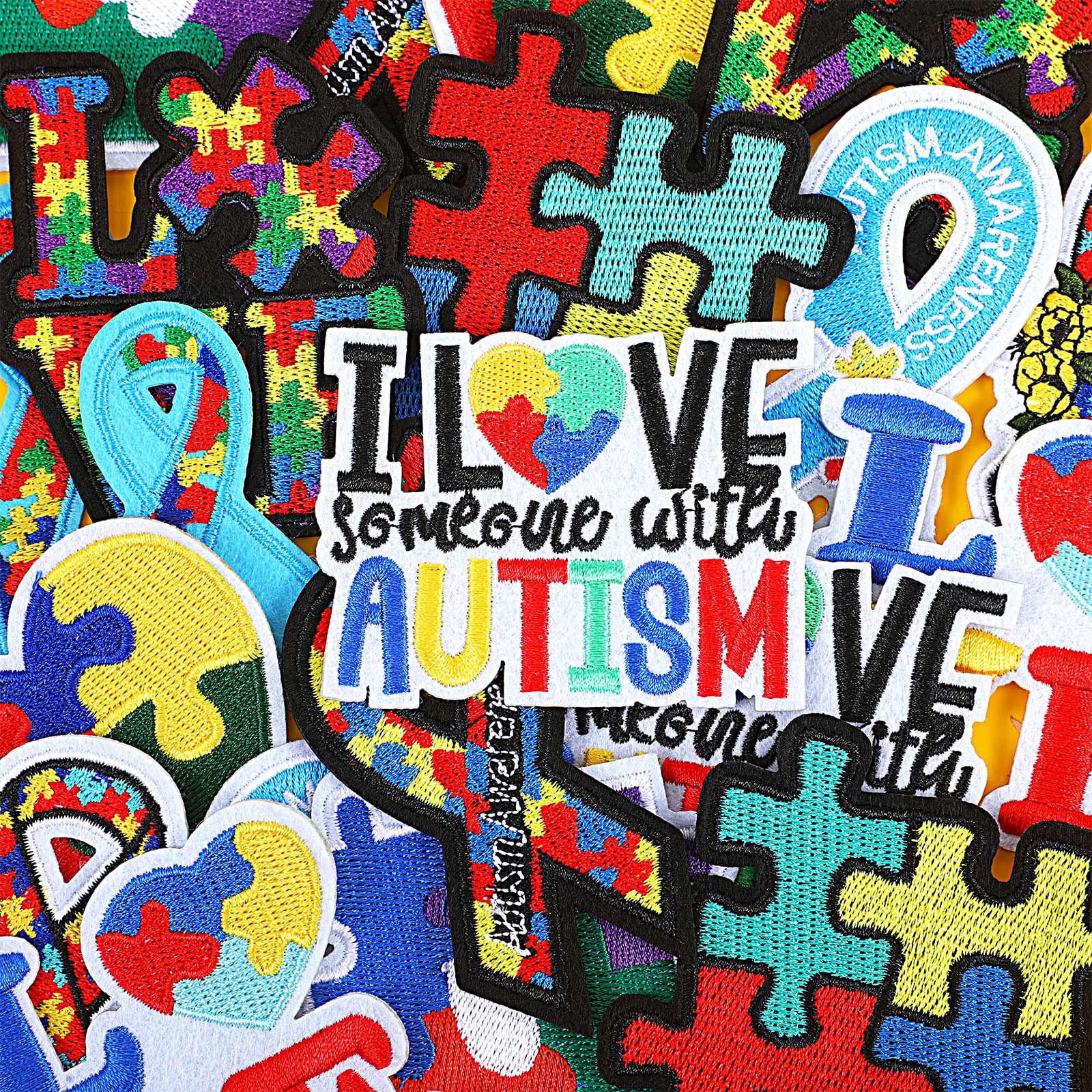 30 Pcs Autism Awareness Puzzle Embroidered Iron on Patch Autism Awareness Ribbon Embroidered Applique Sticker Love Heart Shape Autism Iron on Patch for Backpacks Jeans Jackets Shirts